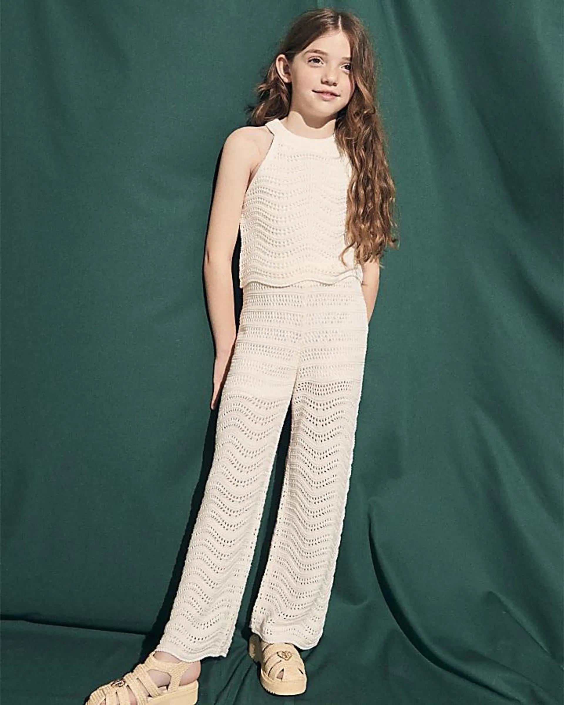 Girls cream crochet tank top and trousers set