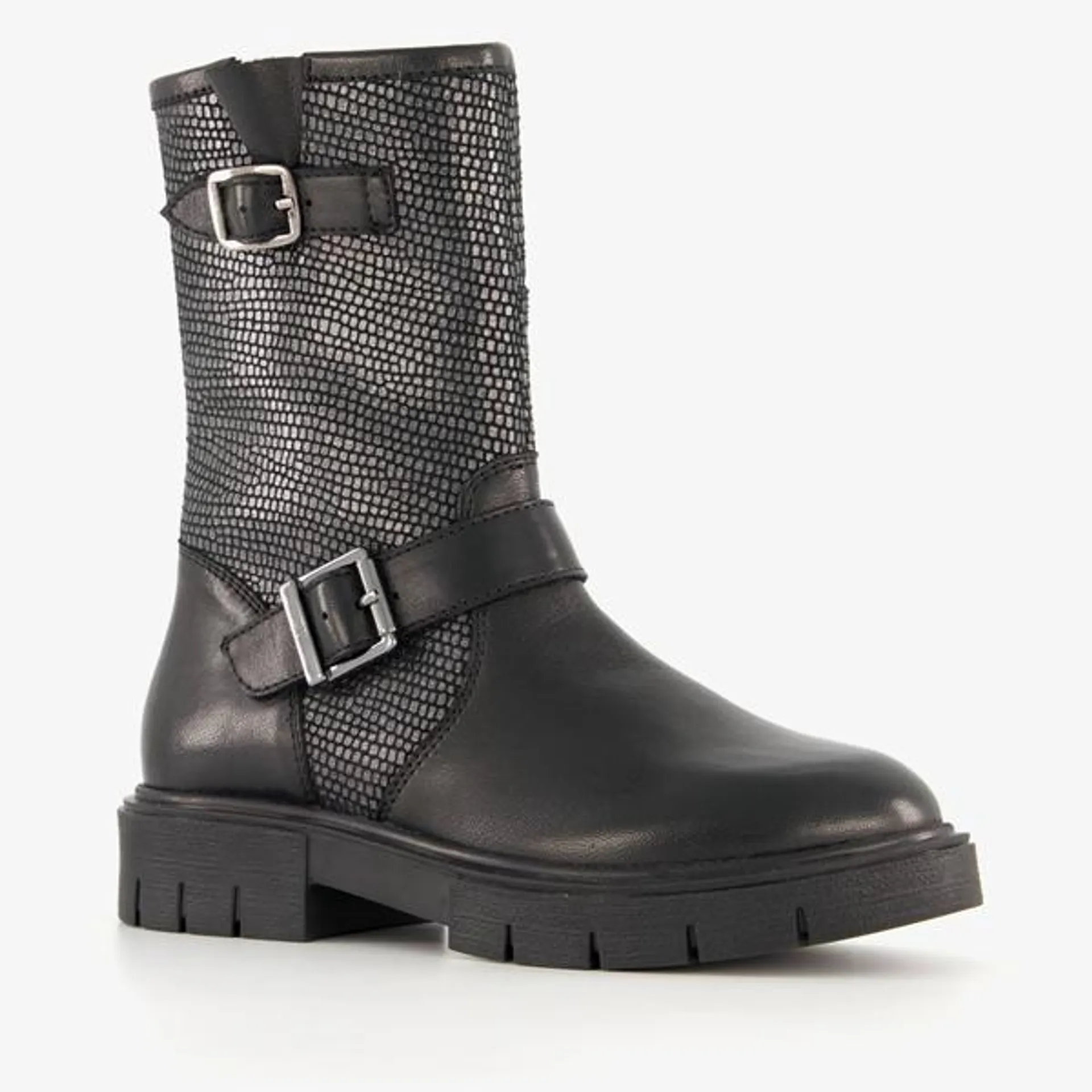 Groot leren meisjes biker boots zwart