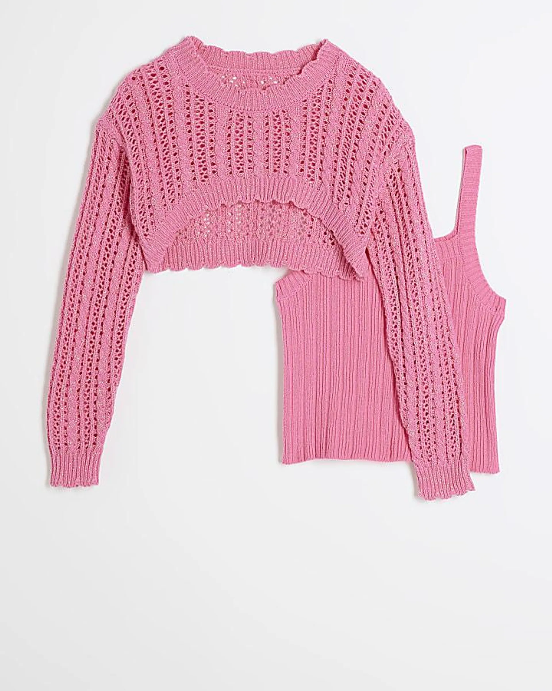 Girls pink 2 in 1 crochet jumper and tank top