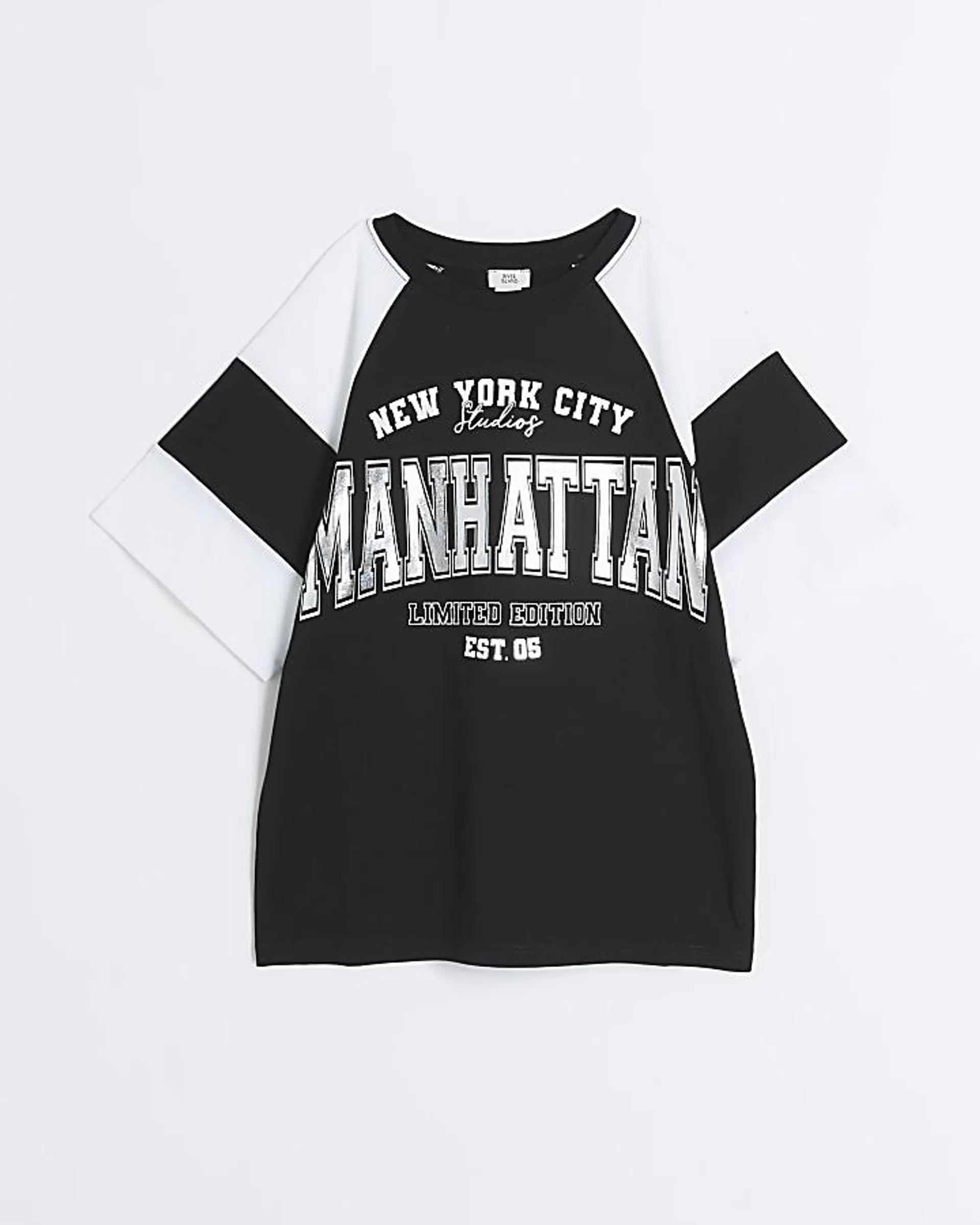 Girls black oversized varsity graphic t-shirt