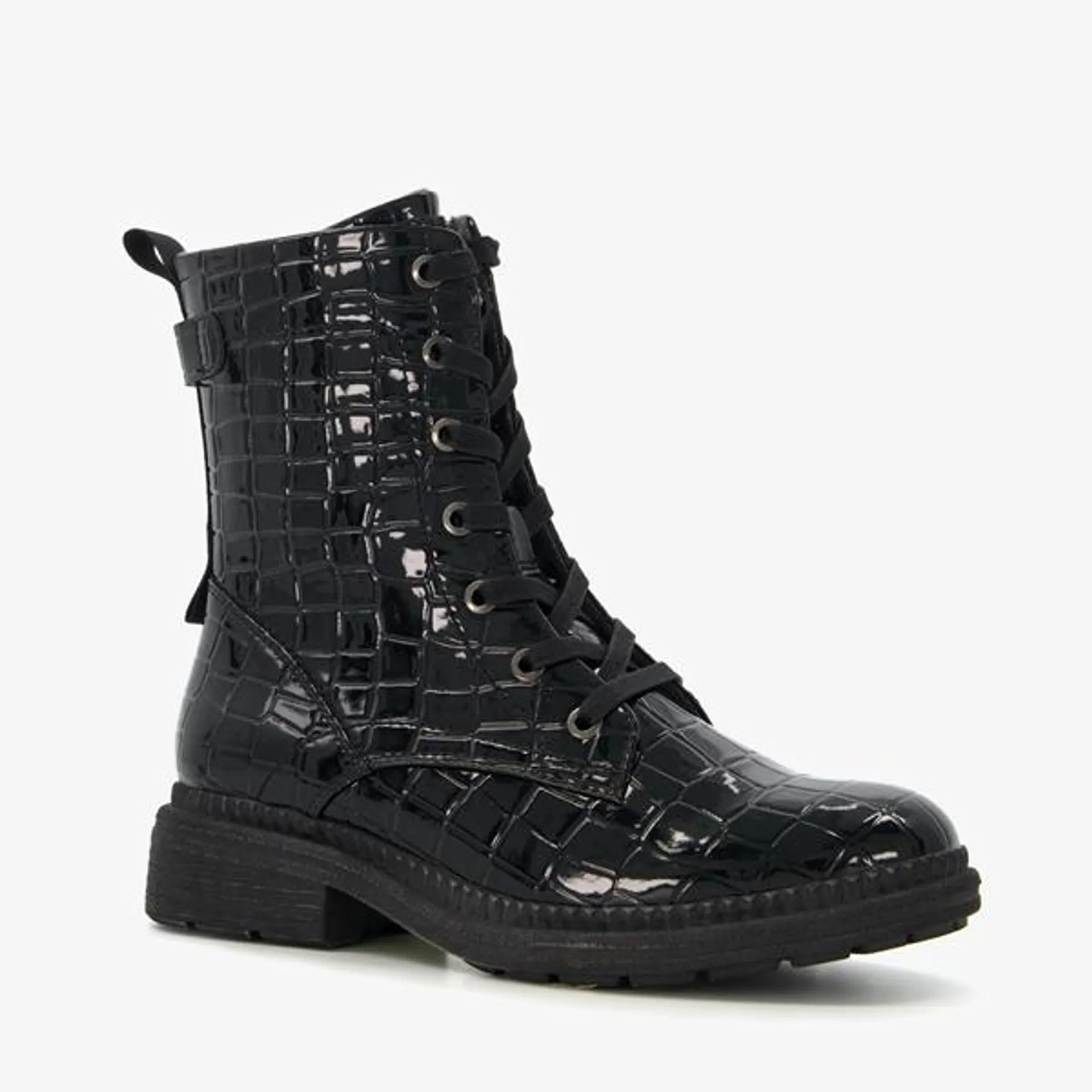 Softline dames veterboots met croco reliëf