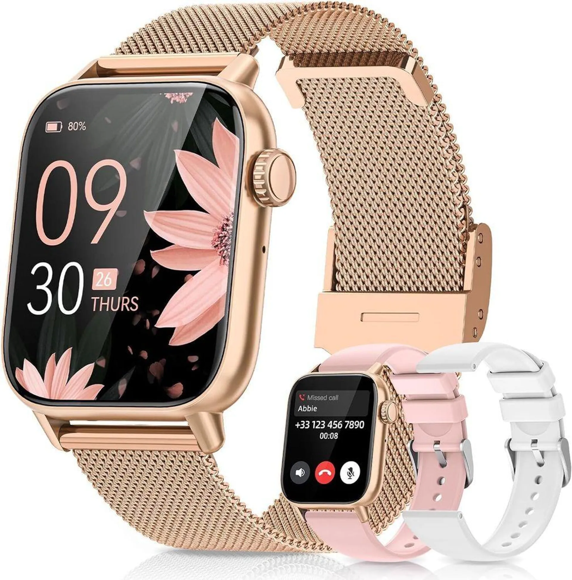 Smartwatch Damen mit Telefonfunktion Fitnessuhr SpO2, Herzfrequenz, Schlafmonitor, Menstruationszyklus IP68 Sportuhr，Gold