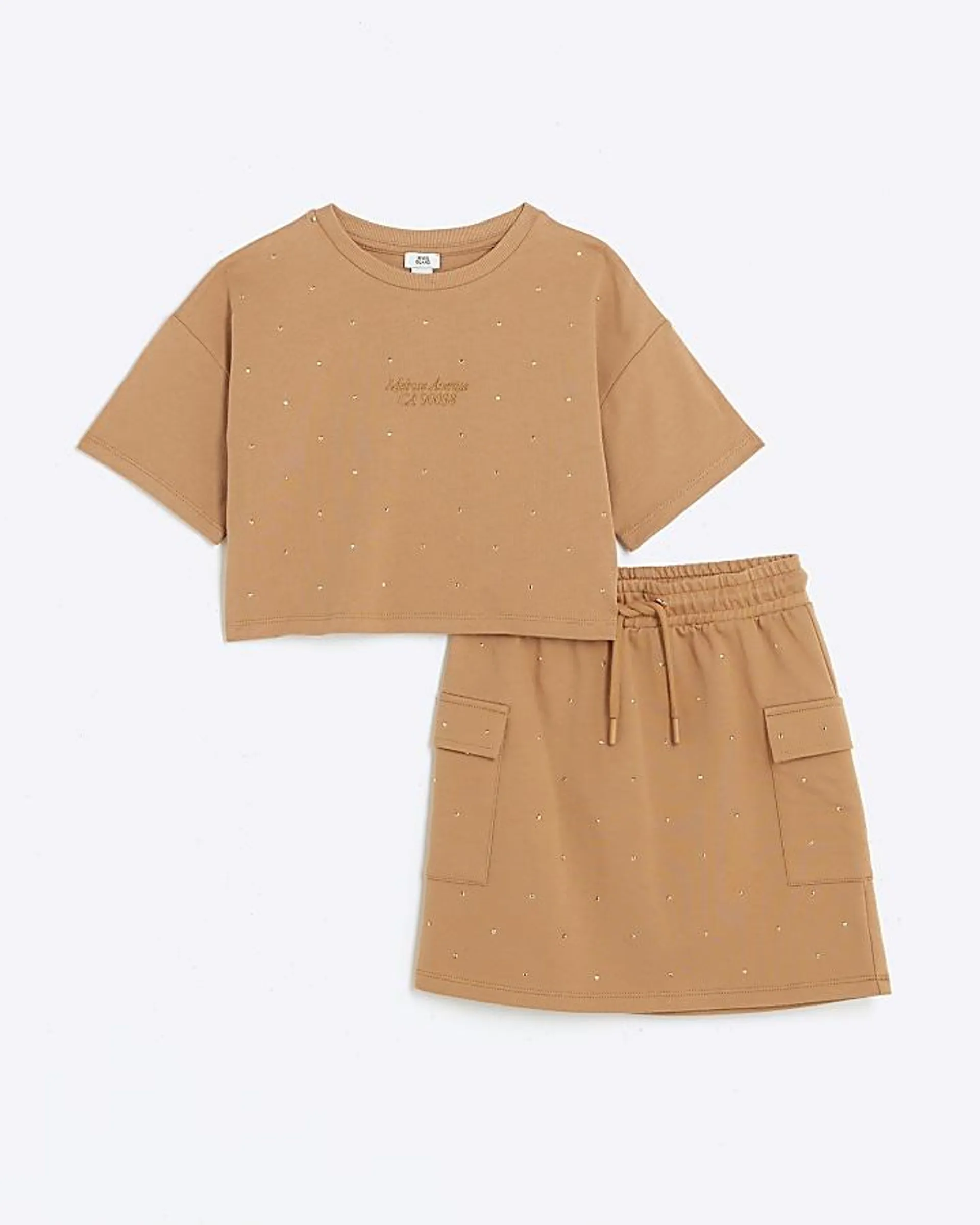 Girls Beige Diamante T-shirt and Skirt Set