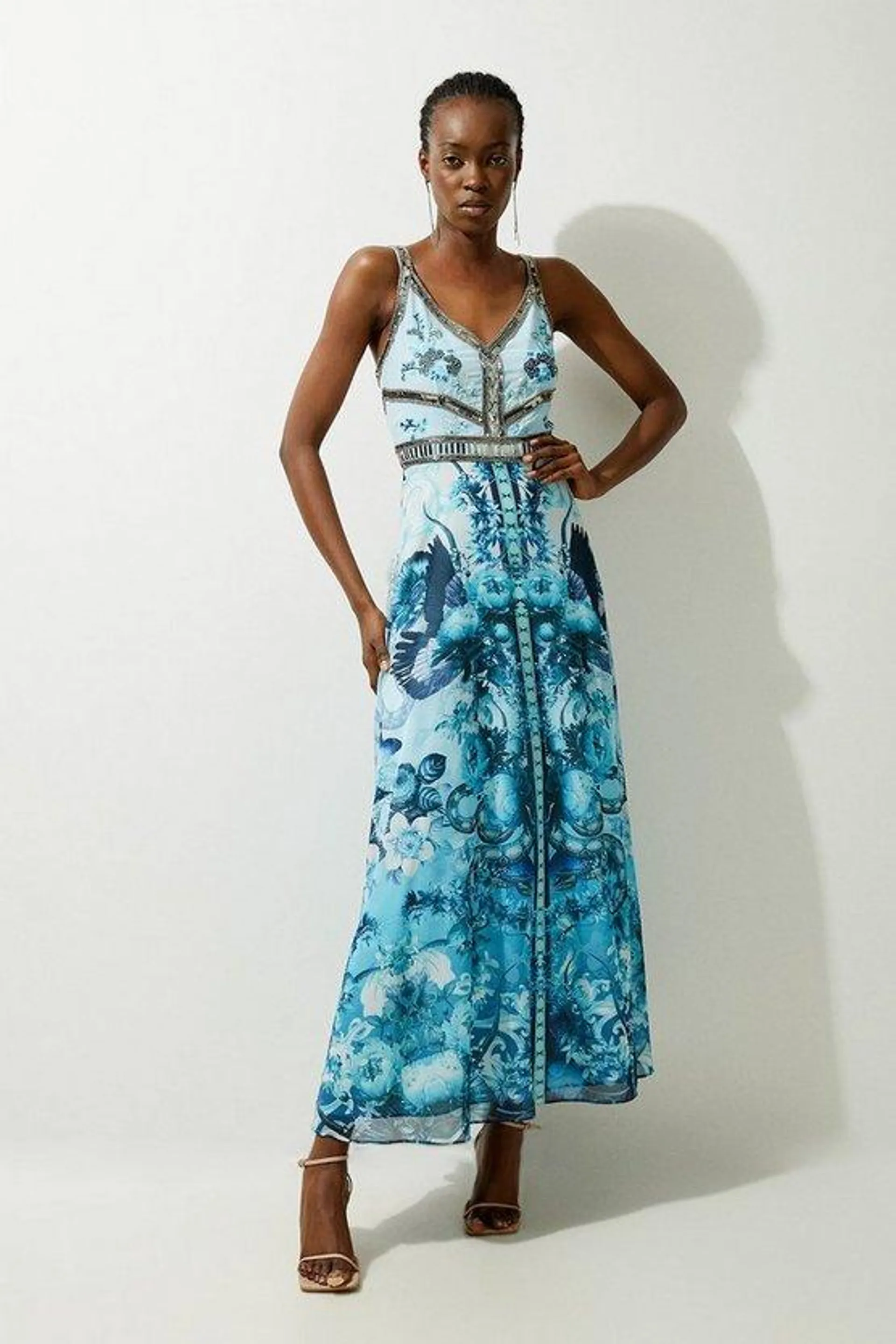 Mirrored Floral Bead And Embroidered Woven Strappy Maxi