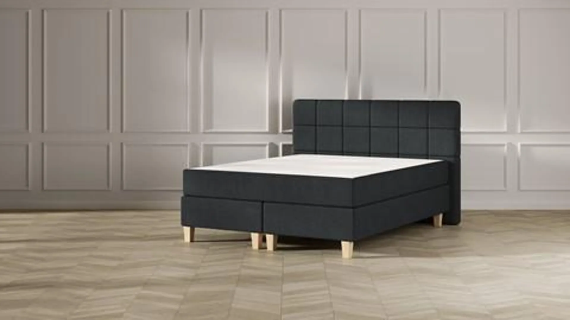 Boxspring Emma Deluxe Elegant vlak met gestoffeerd matras en poot naturel