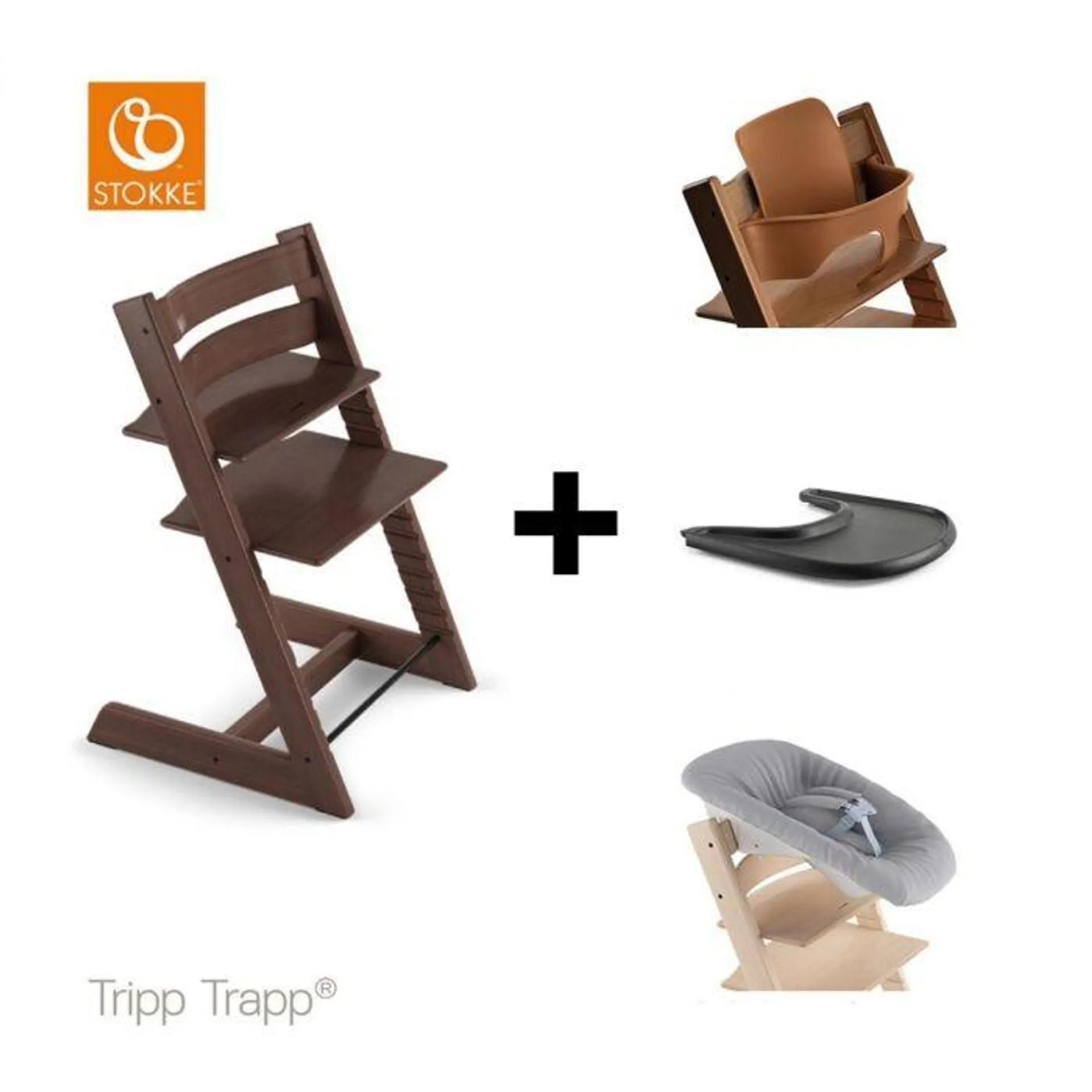 Stokke® Kinderstoel Tripp Trapp® Walnut + Newborn Set™ + Baby Set™ Walnut + Tray™