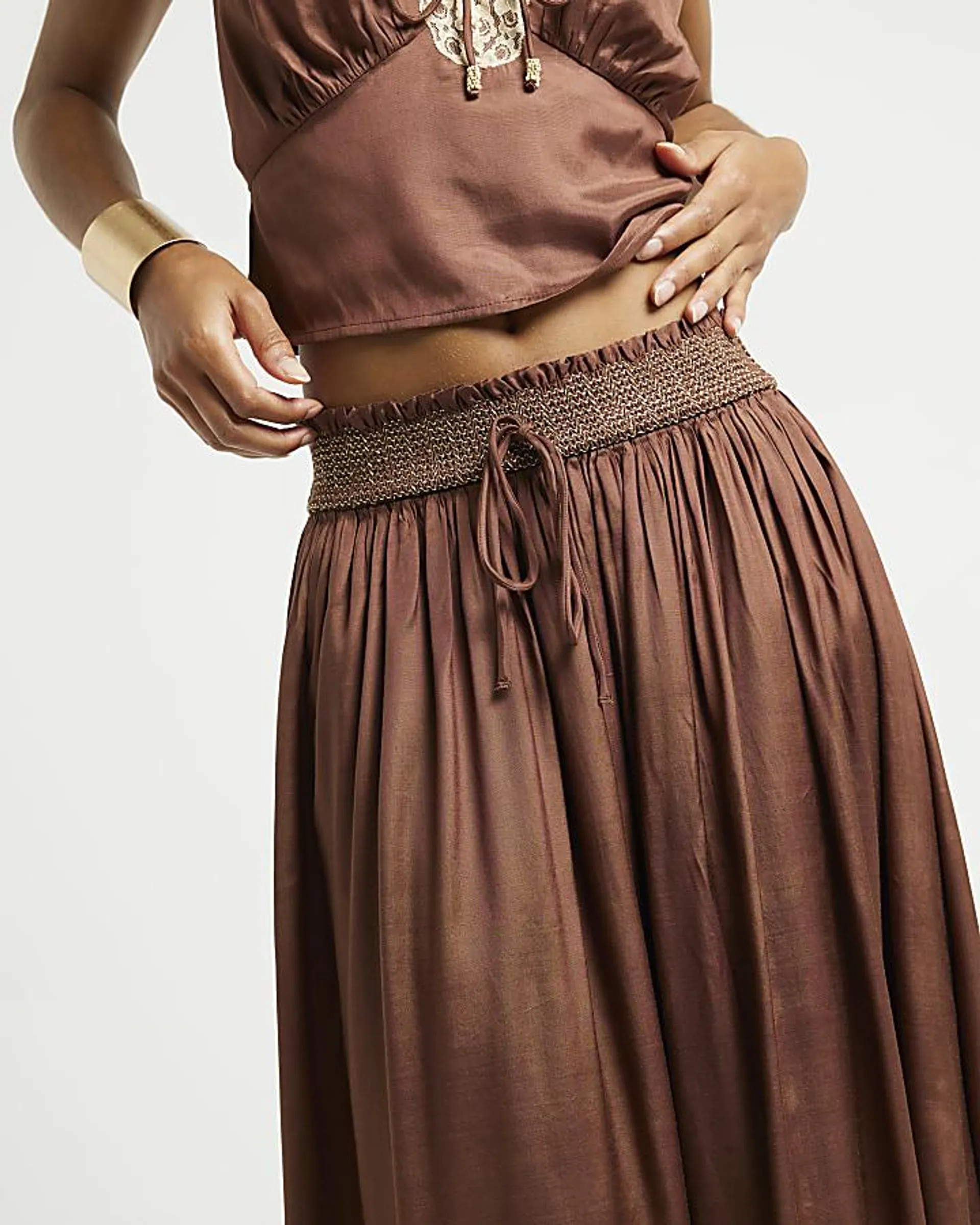 Brown satin shirred maxi skirt