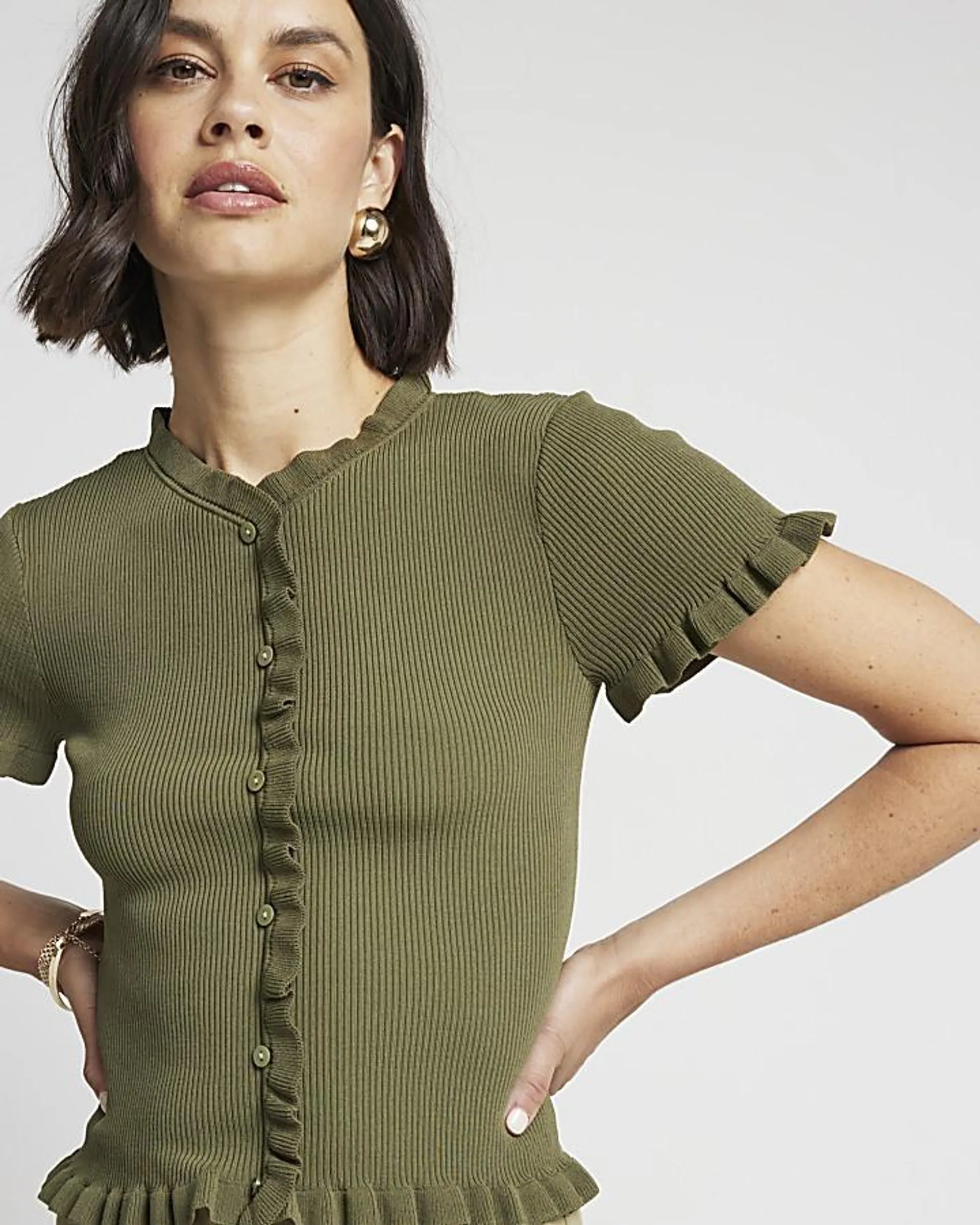 Khaki Ribbed Frill T-Shirt