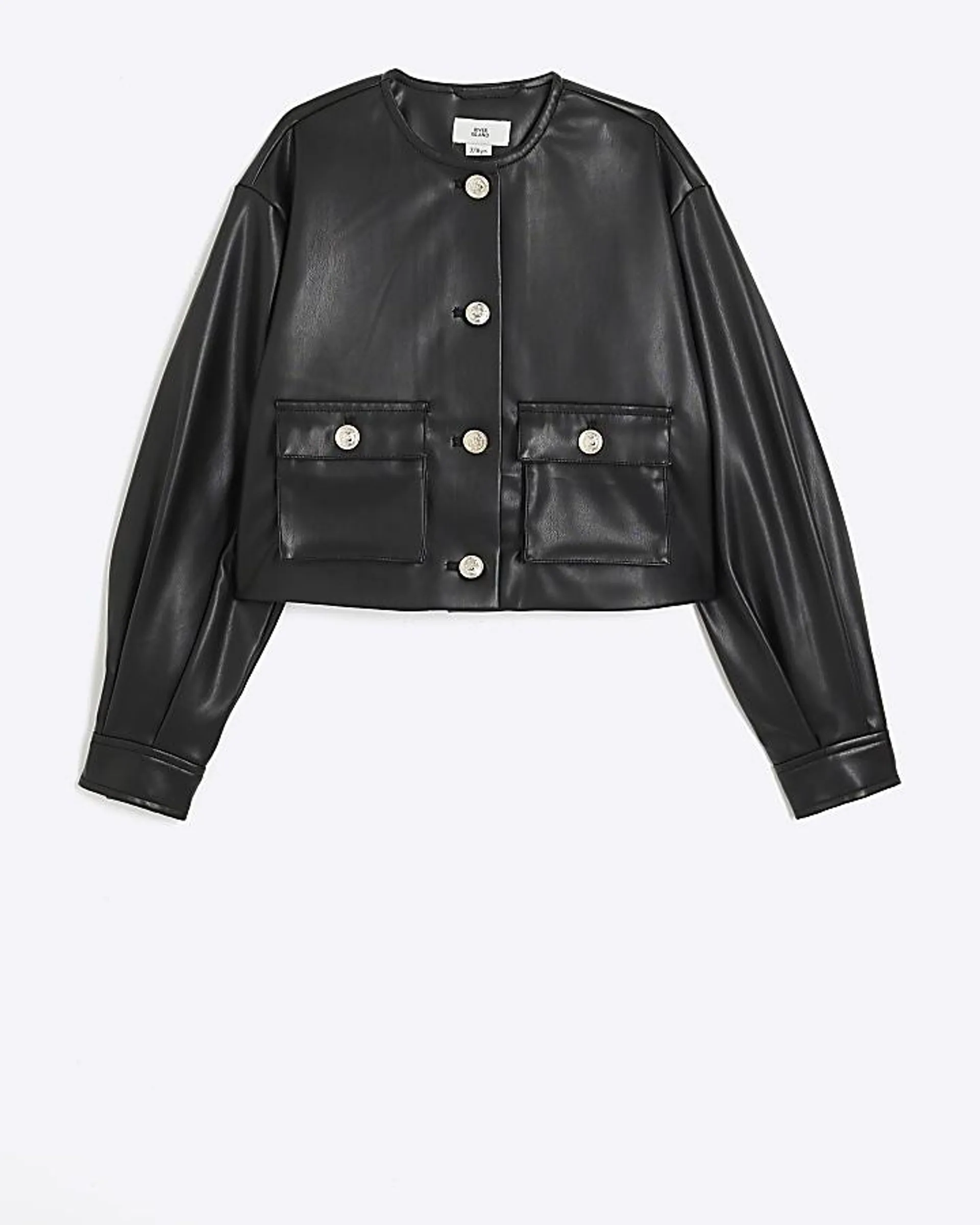 Girls black collarless boxy jacket