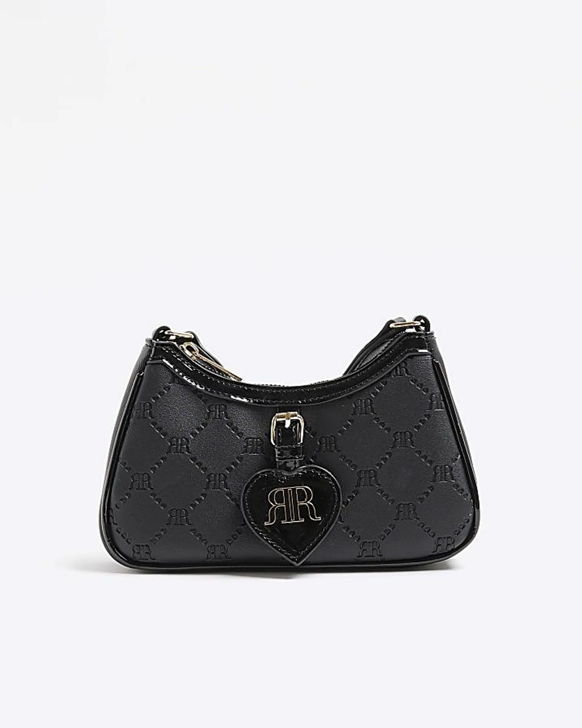 Girls black embossed monogram cross body bag