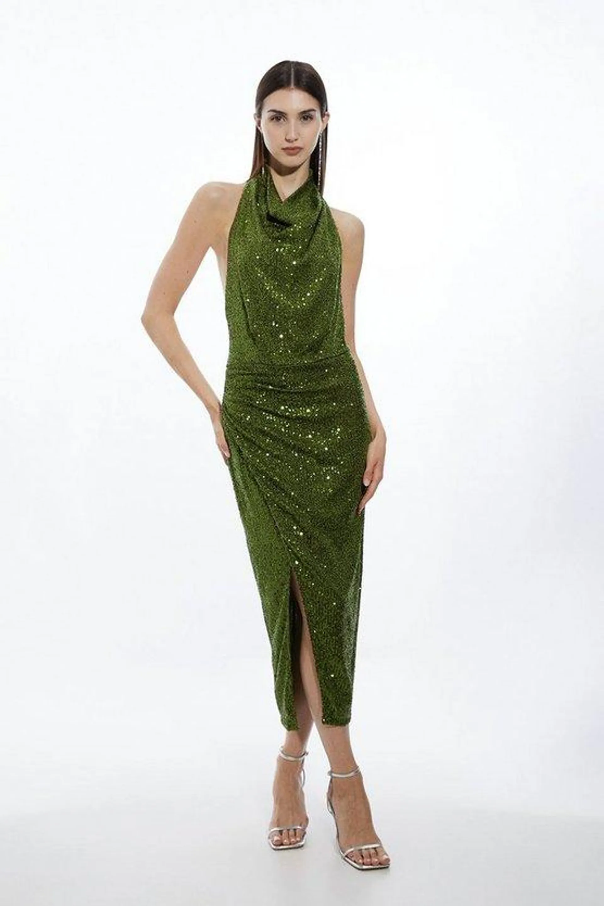 Halterneck Sequin Jersey Side Split Maxi Dress