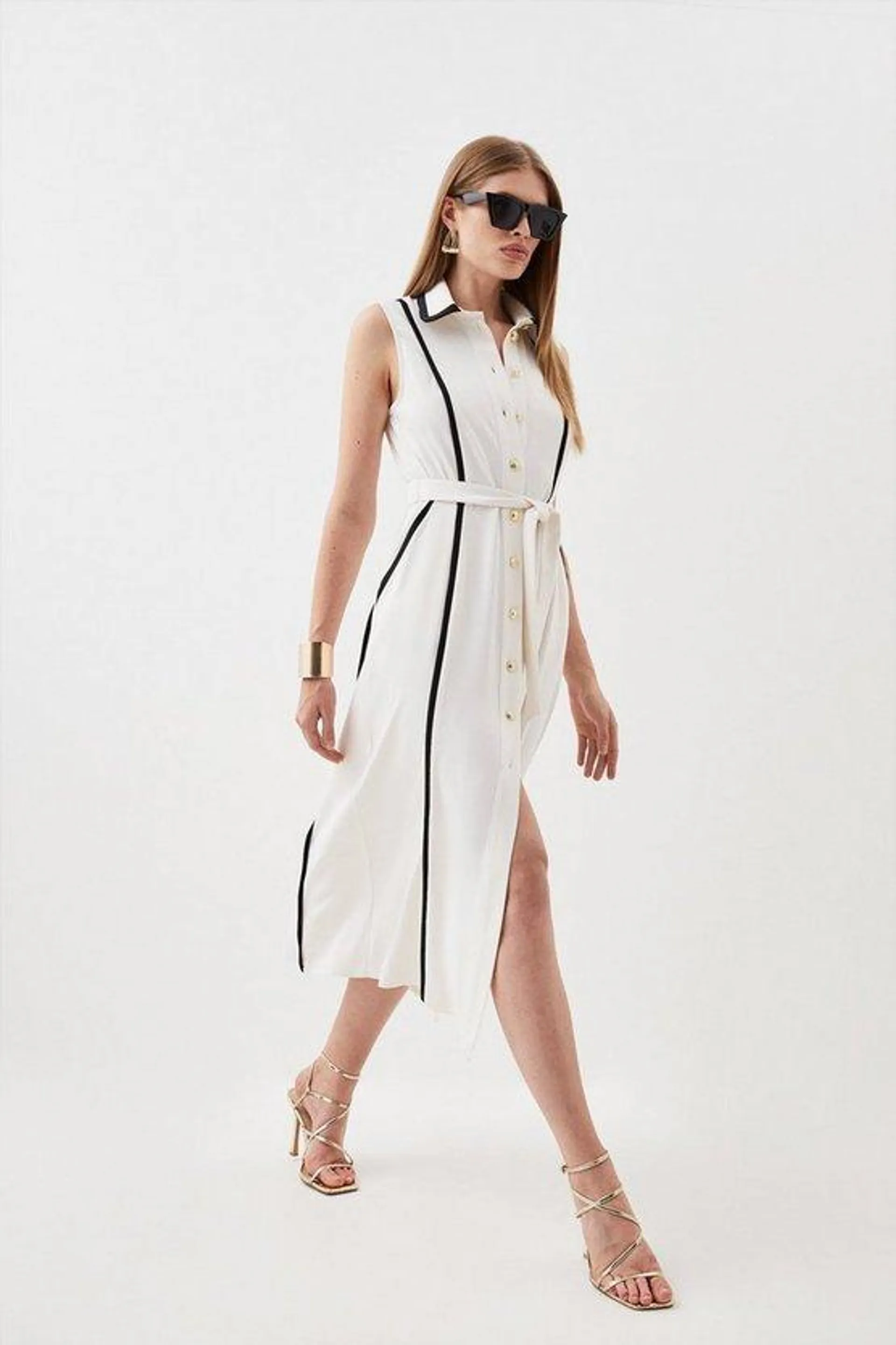 Soft Tailored Pipe Detail Sleeveless Shirt Dress