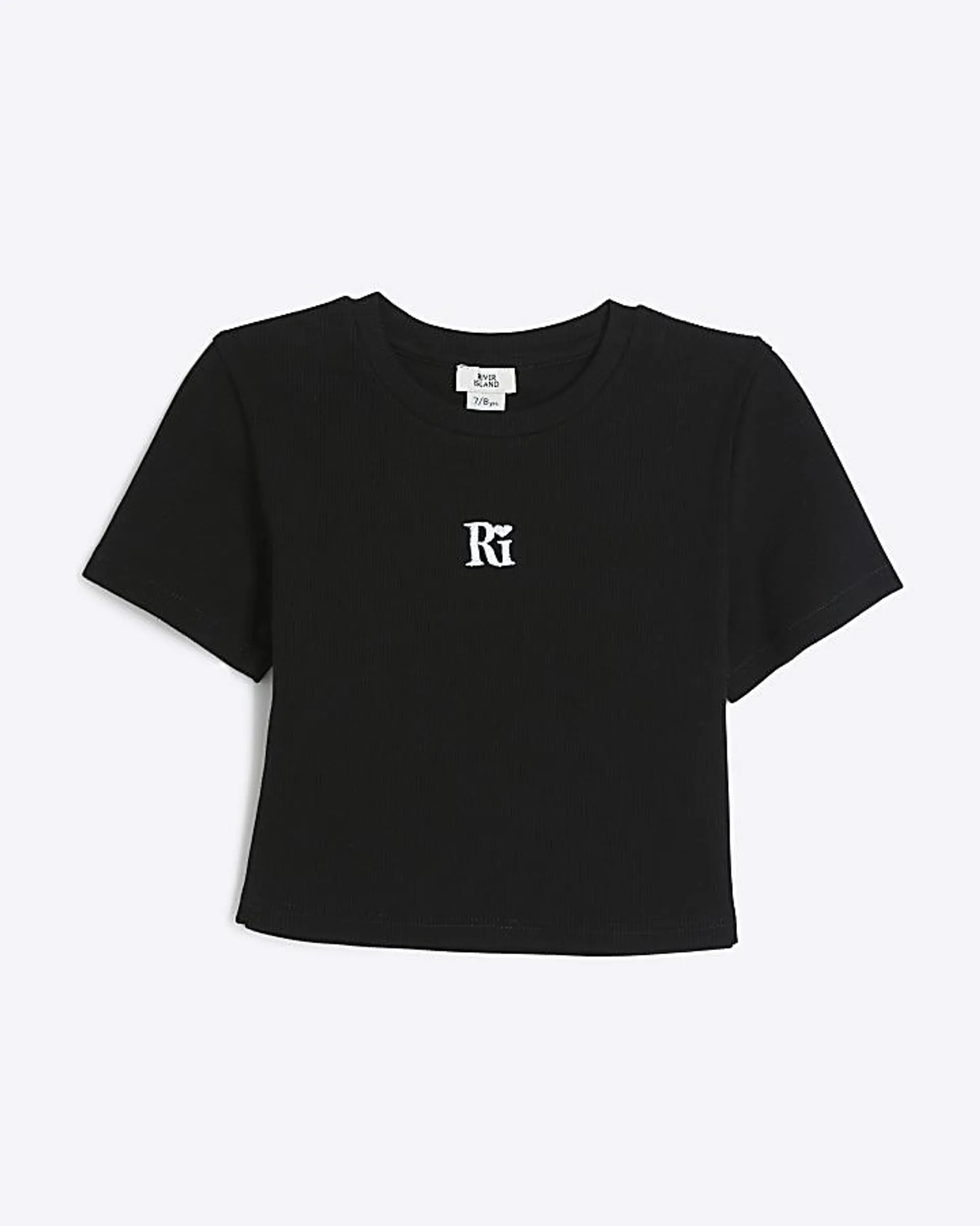 Girls black ribbed embroidered crop t-shirt