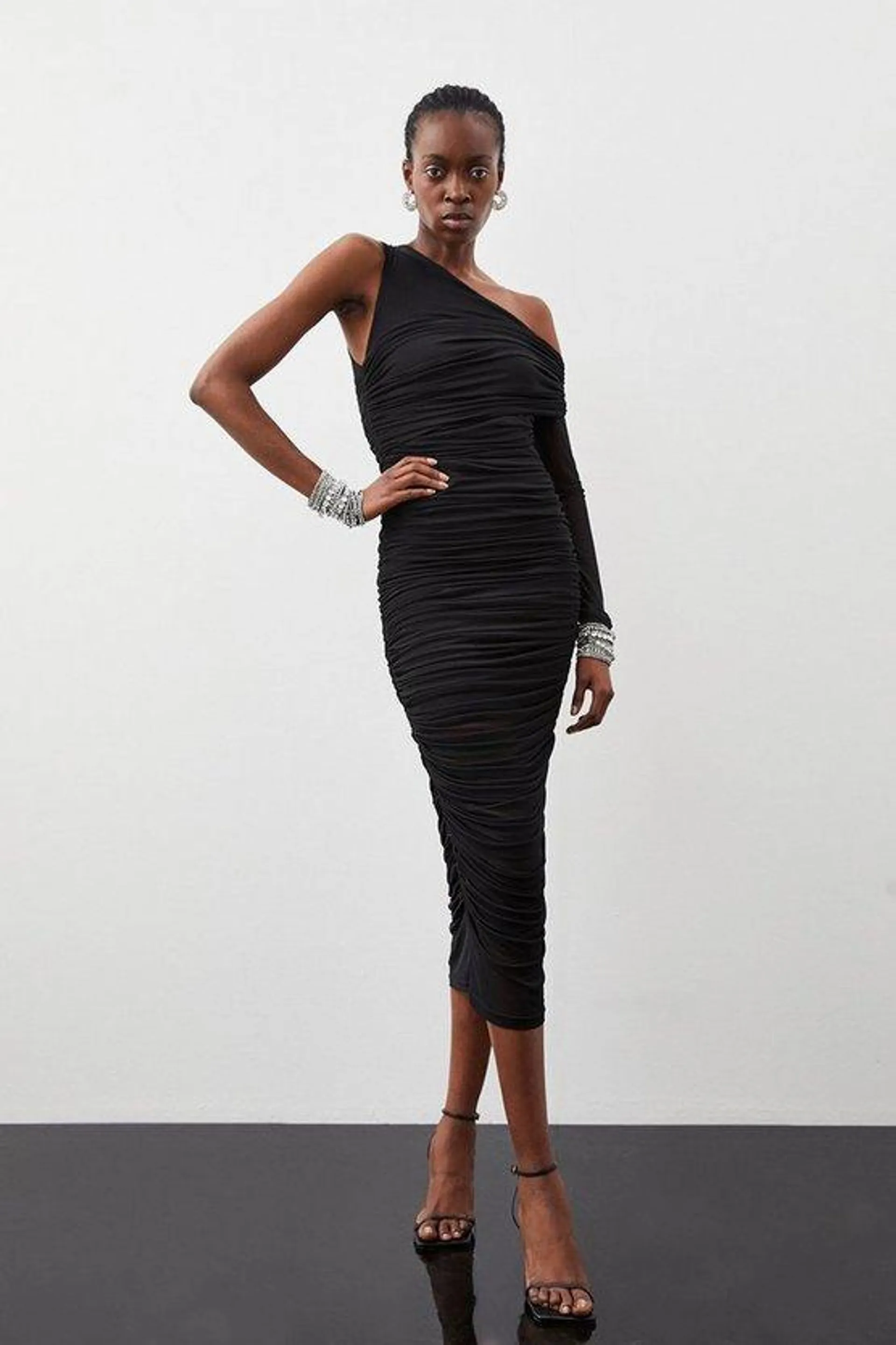 Ruched Mesh Asymmetric Jersey Maxi Dress