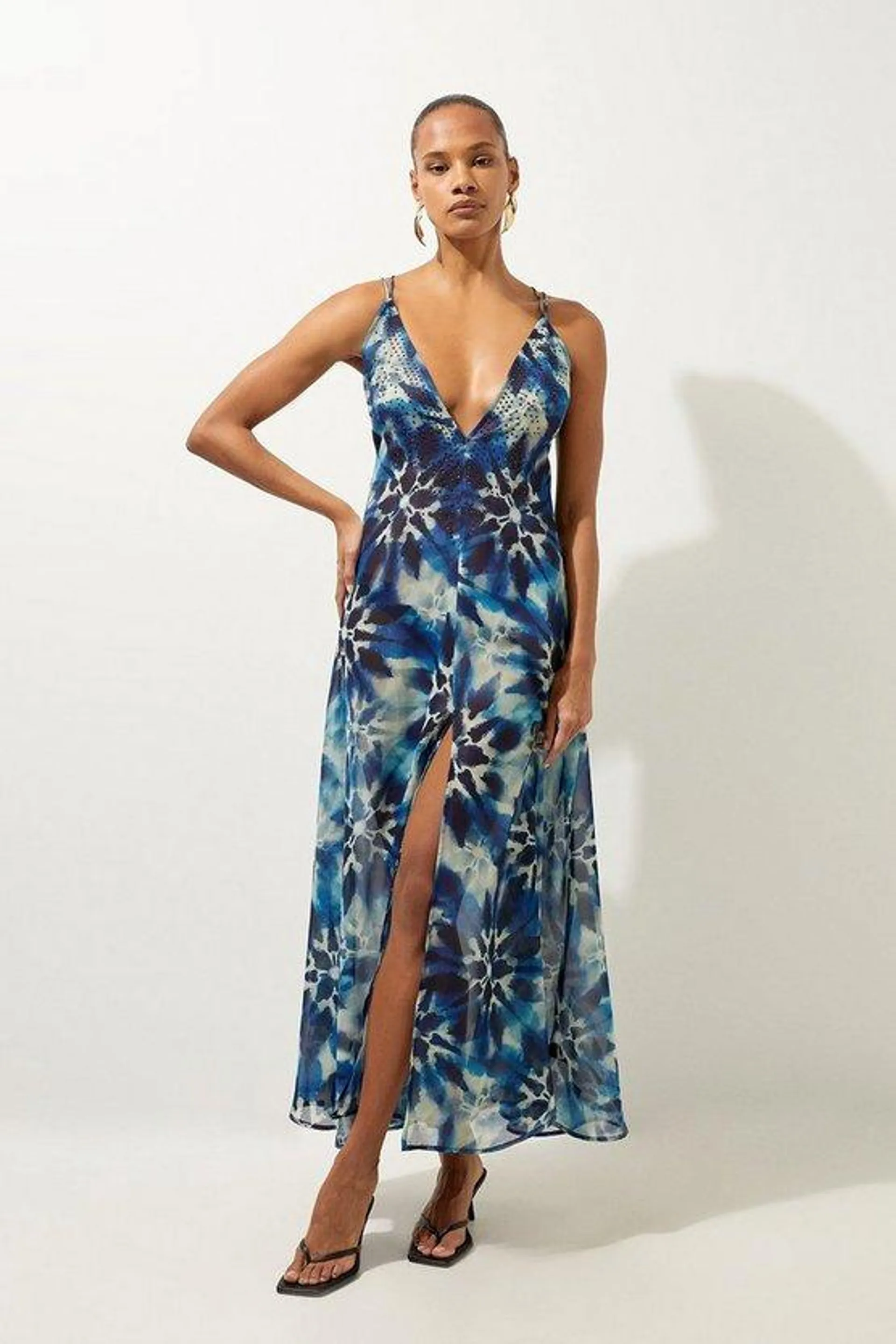 Tie Dye Embellished Strappy Beach Maxi Dress