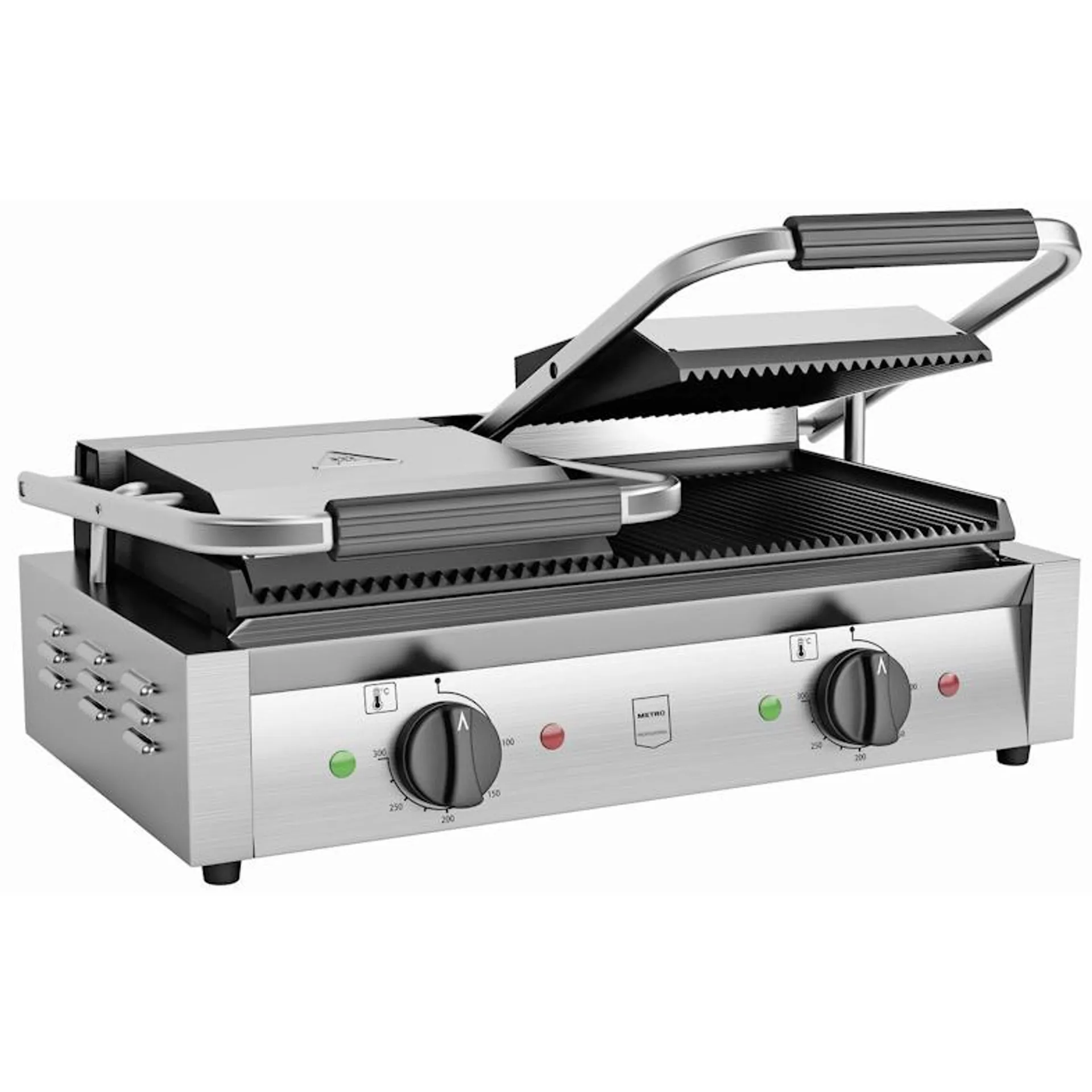 METRO Professional Dubbele contactgrill GPG2201, roestvrij staal, 57 x 36 x 20 cm, geribbeld, met vetopvangbak, zilver