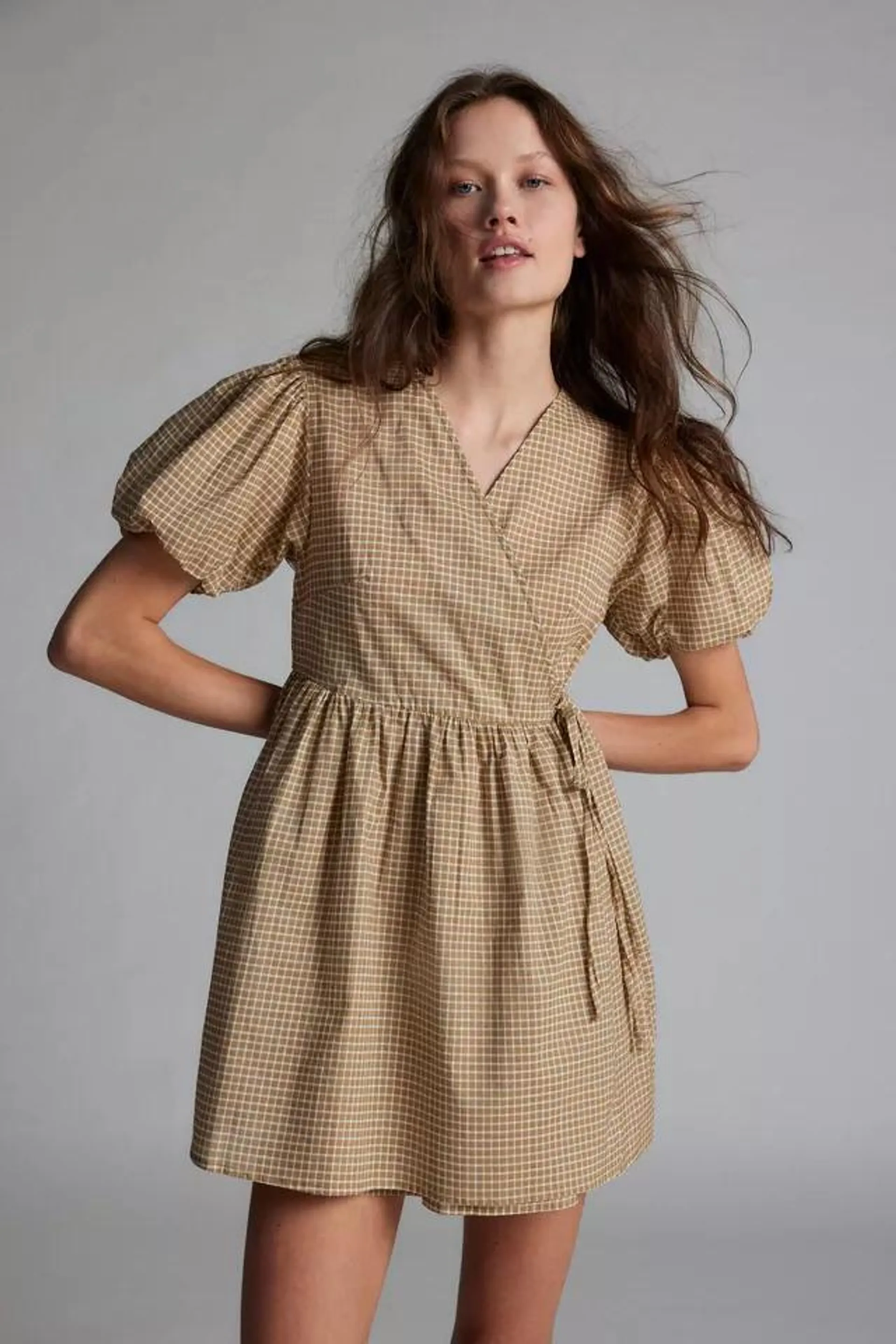 Wednesday Girl Beige Gingham Mini Dress