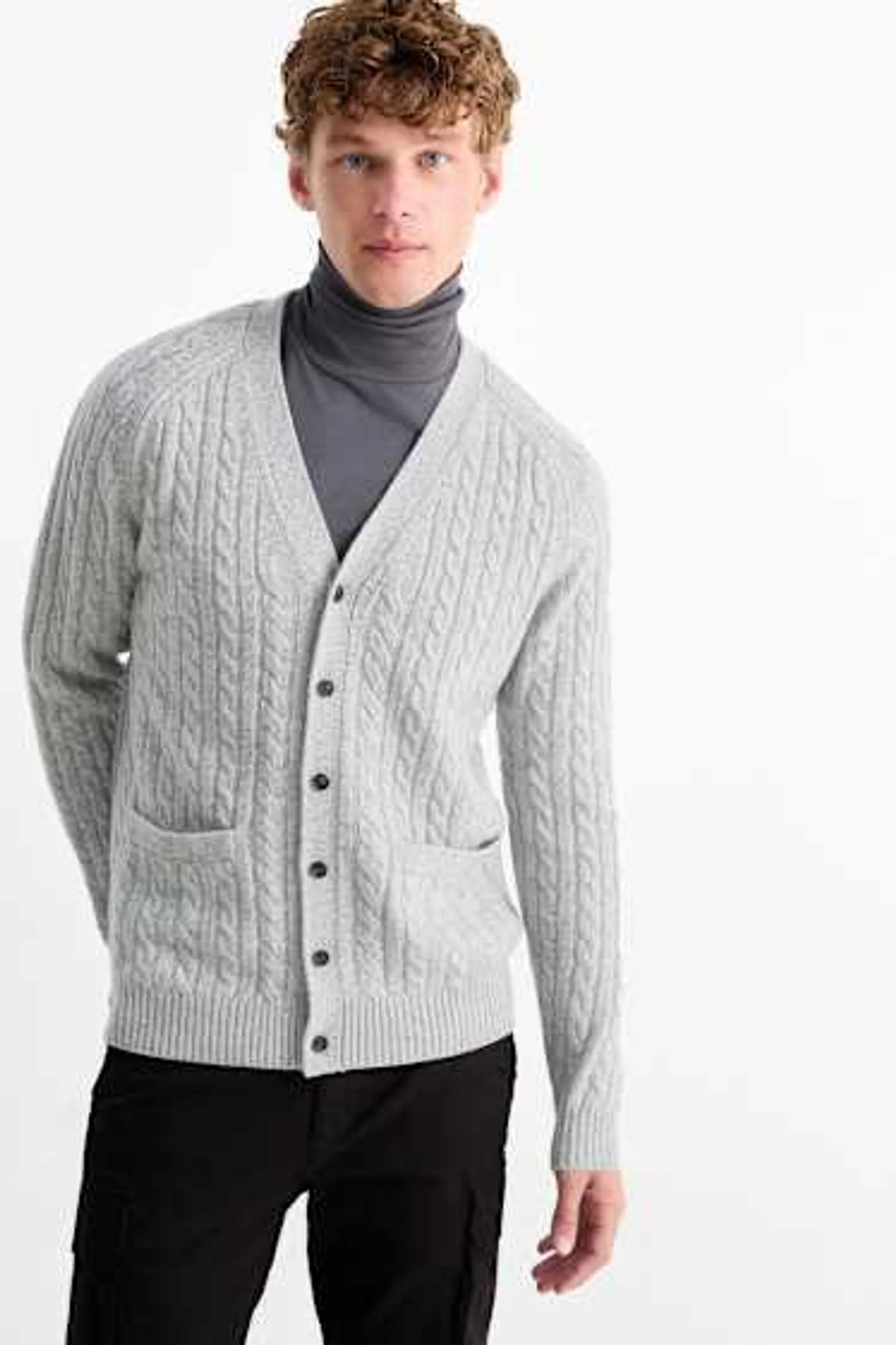 Cardigan - cashmere blend - cable knit pattern