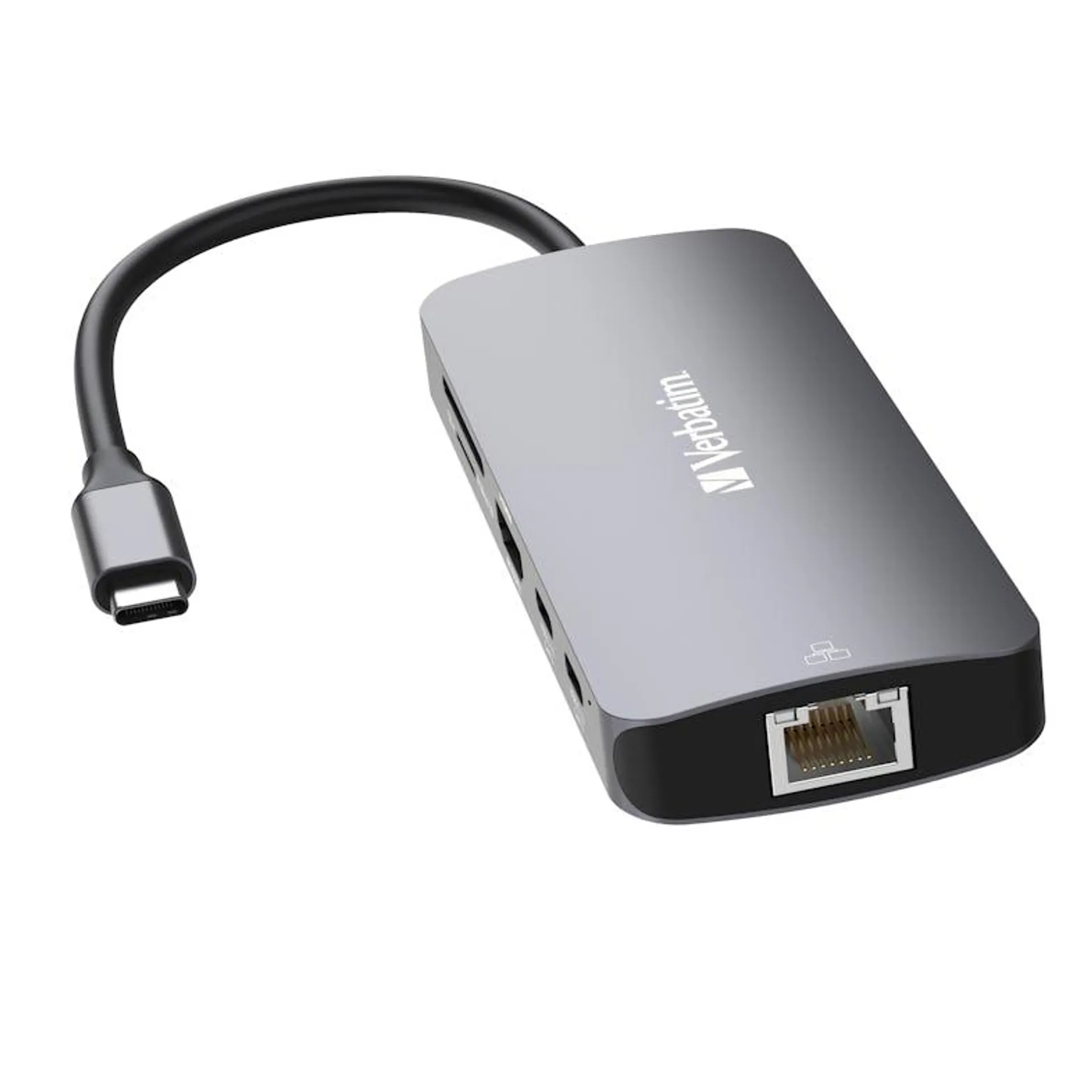 USB-C Pro multipoort hub HDMI 4K60Hz, 2 x USB-C 10Gbps, 1 x USB-A 10Gbps, 2 x USB-A 5Gbps microSD, RJ45, 15 cm kabel, reisdock, dockingstation