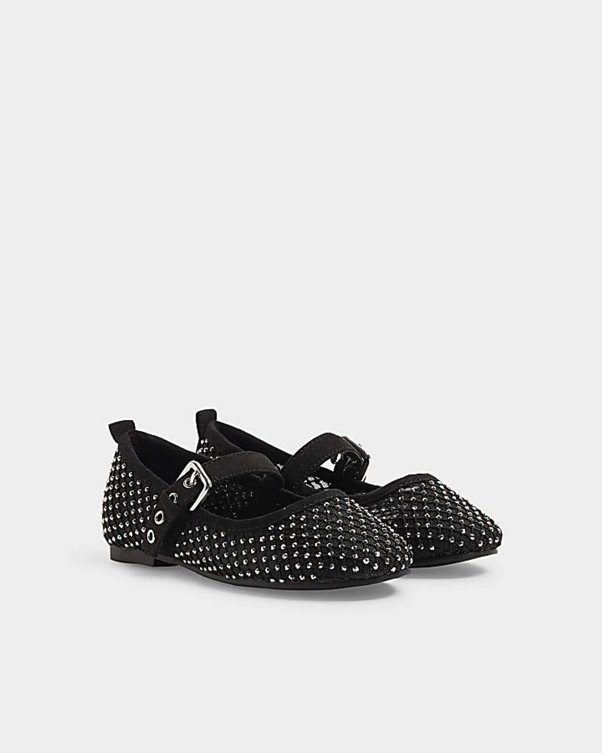 Girls black mesh diamante ballet pumps