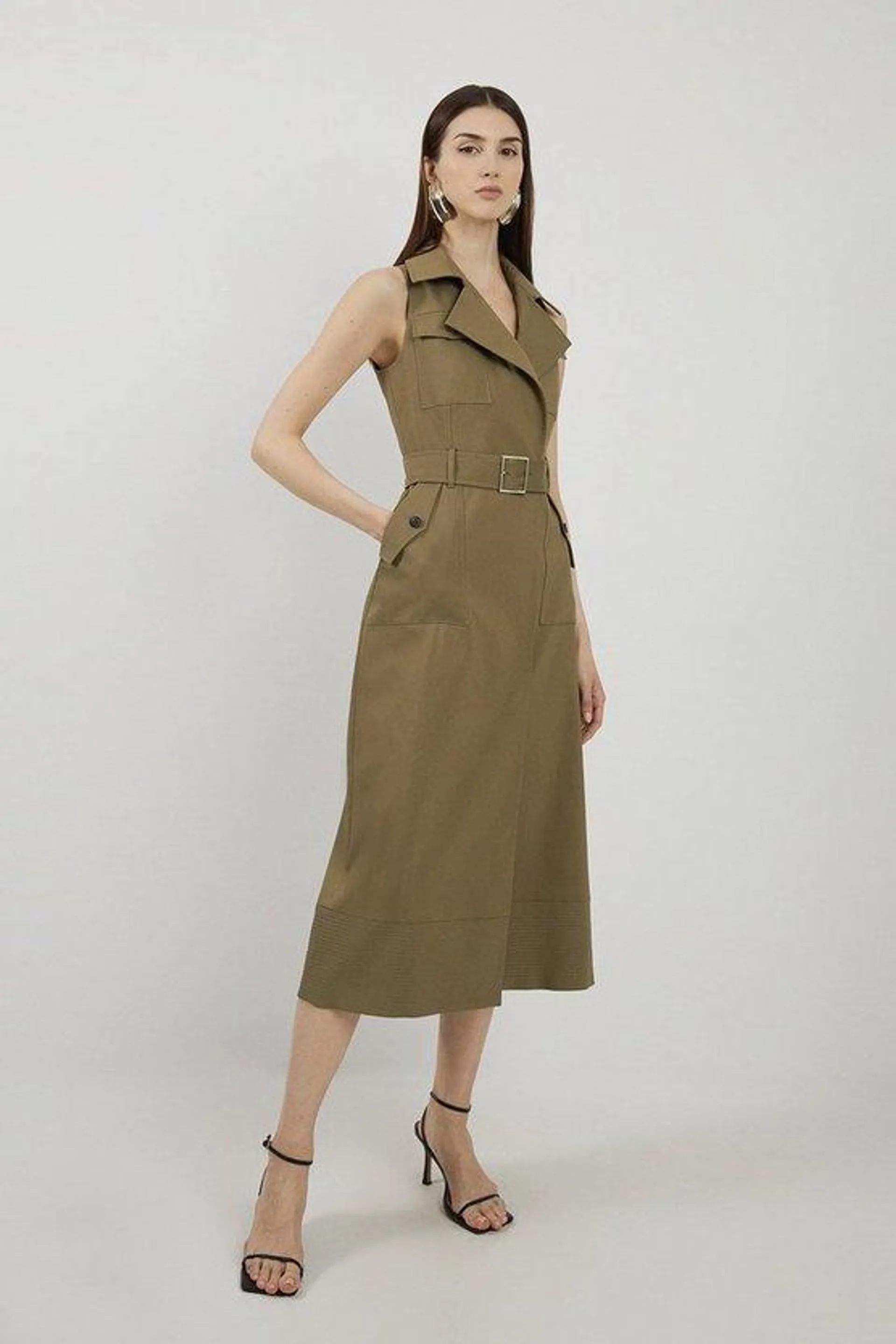 Premium Compact Cotton Pocket Detail Belted Tailored Midi Shirt Dress