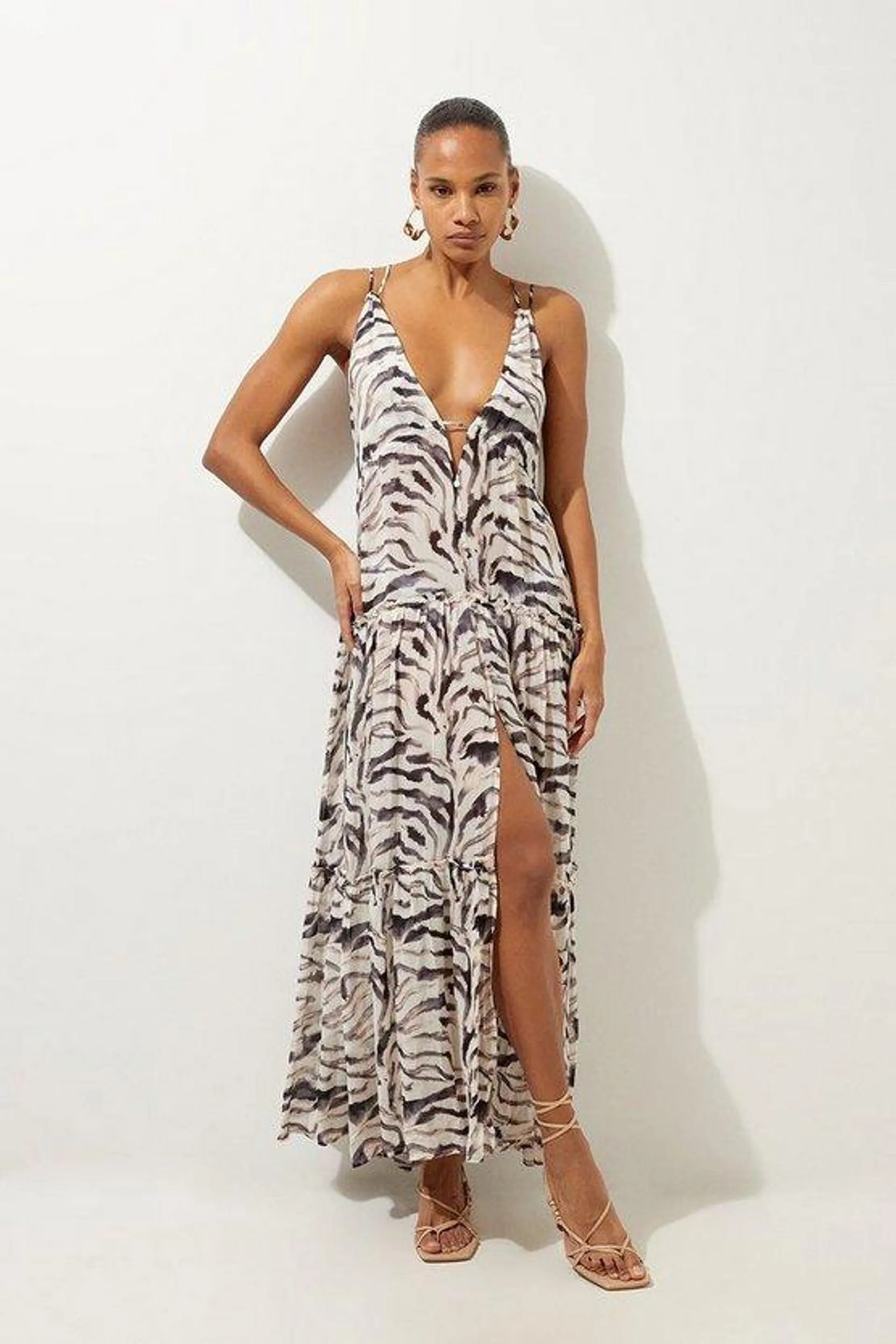 Animal Print Viscose Georgette Beach Maxi Dress