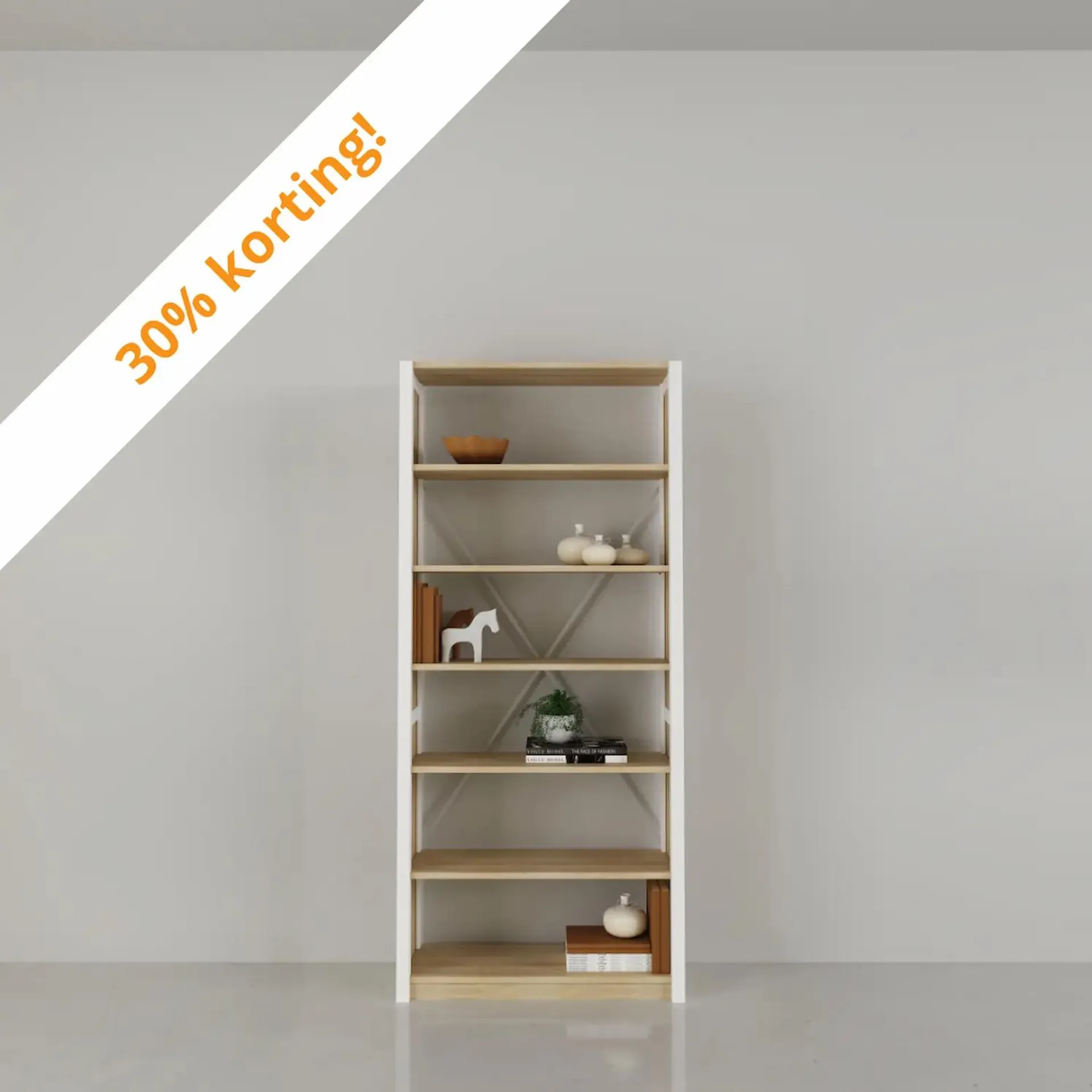 Compacte boekenkast in blank gelakt & wit. Nu 30% korting!