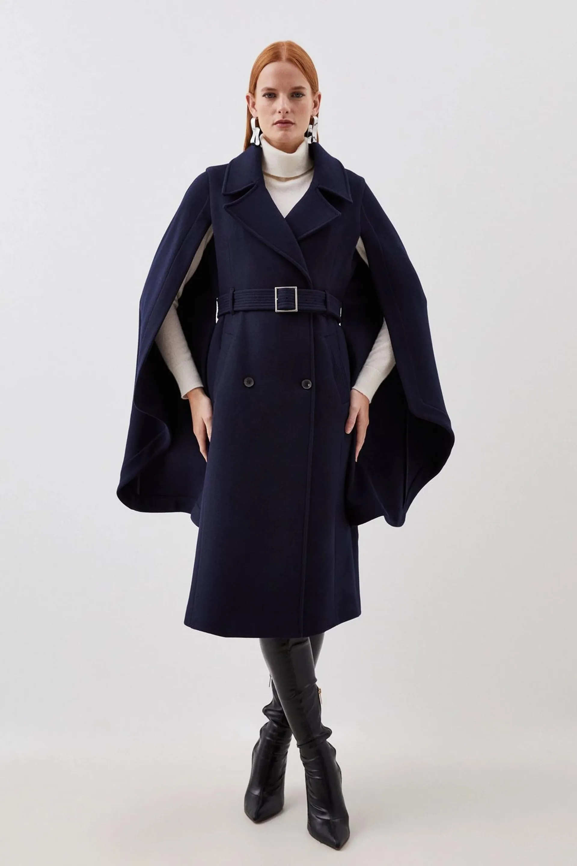 Italian Manteco Wool Blend Cape Sleeve Belted Coat
