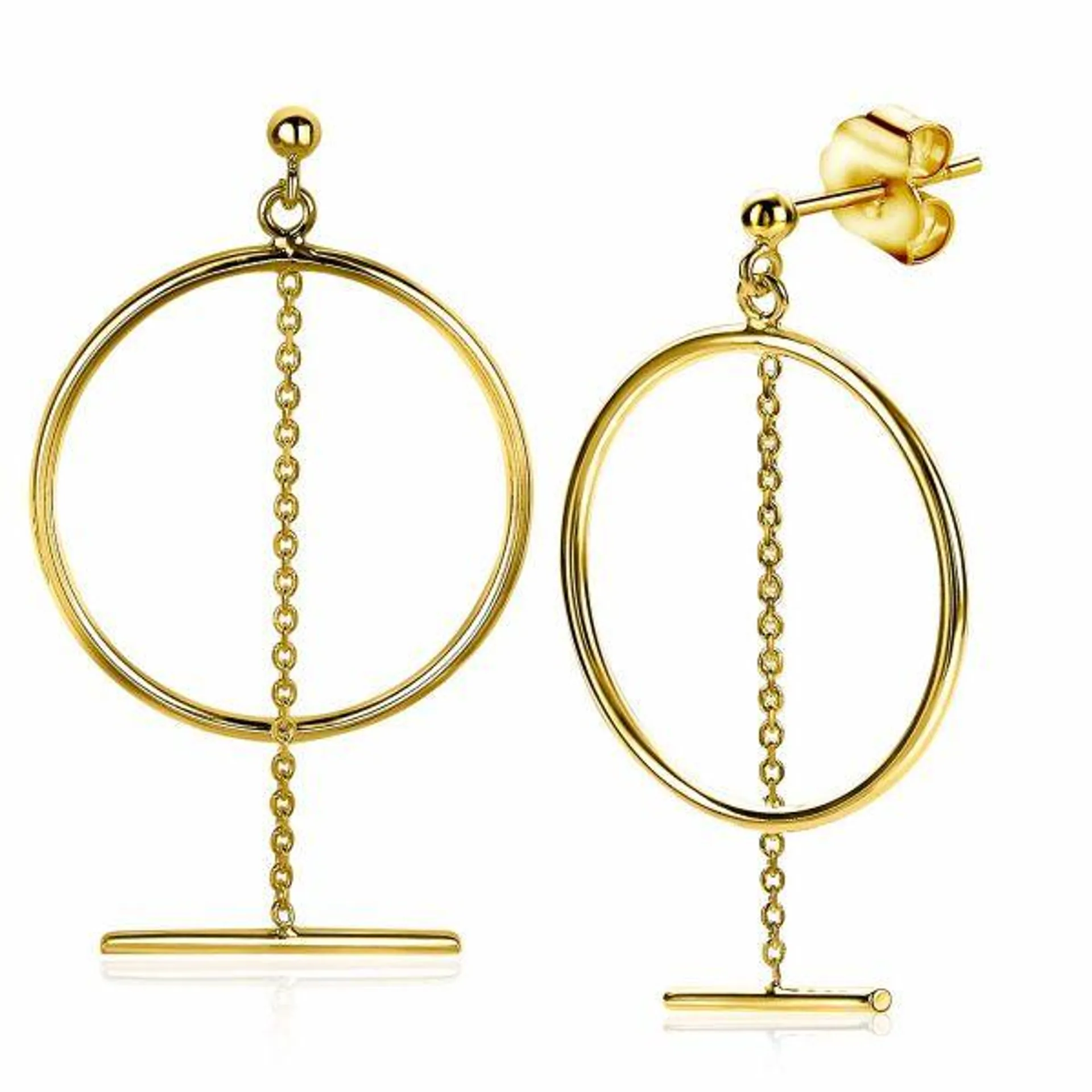 55 mm ZINZI Gold Plated Sterling Silver Earrings Open Circle with Chain and Bar ZIO2098