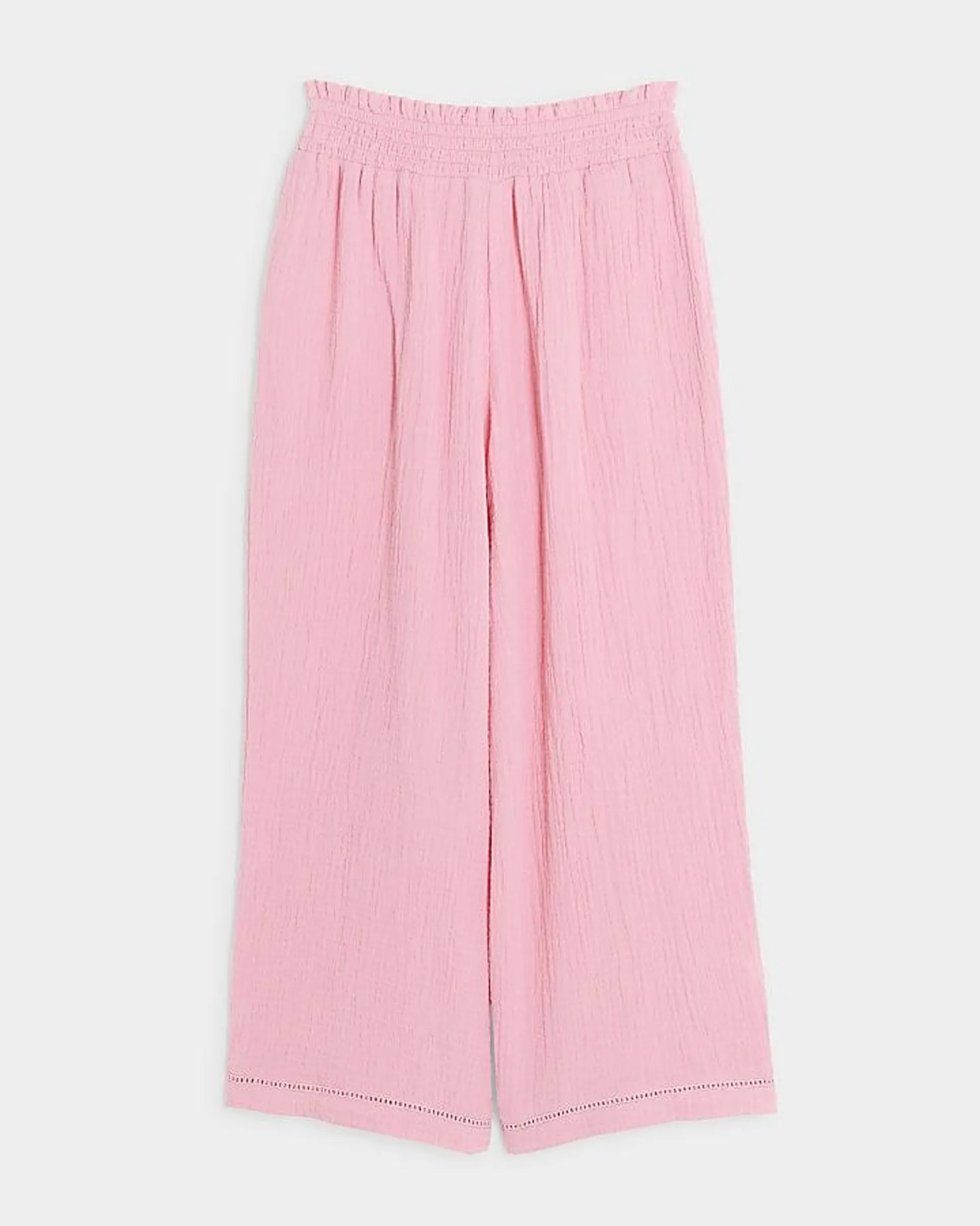 Girls pink textured wide leg trousers