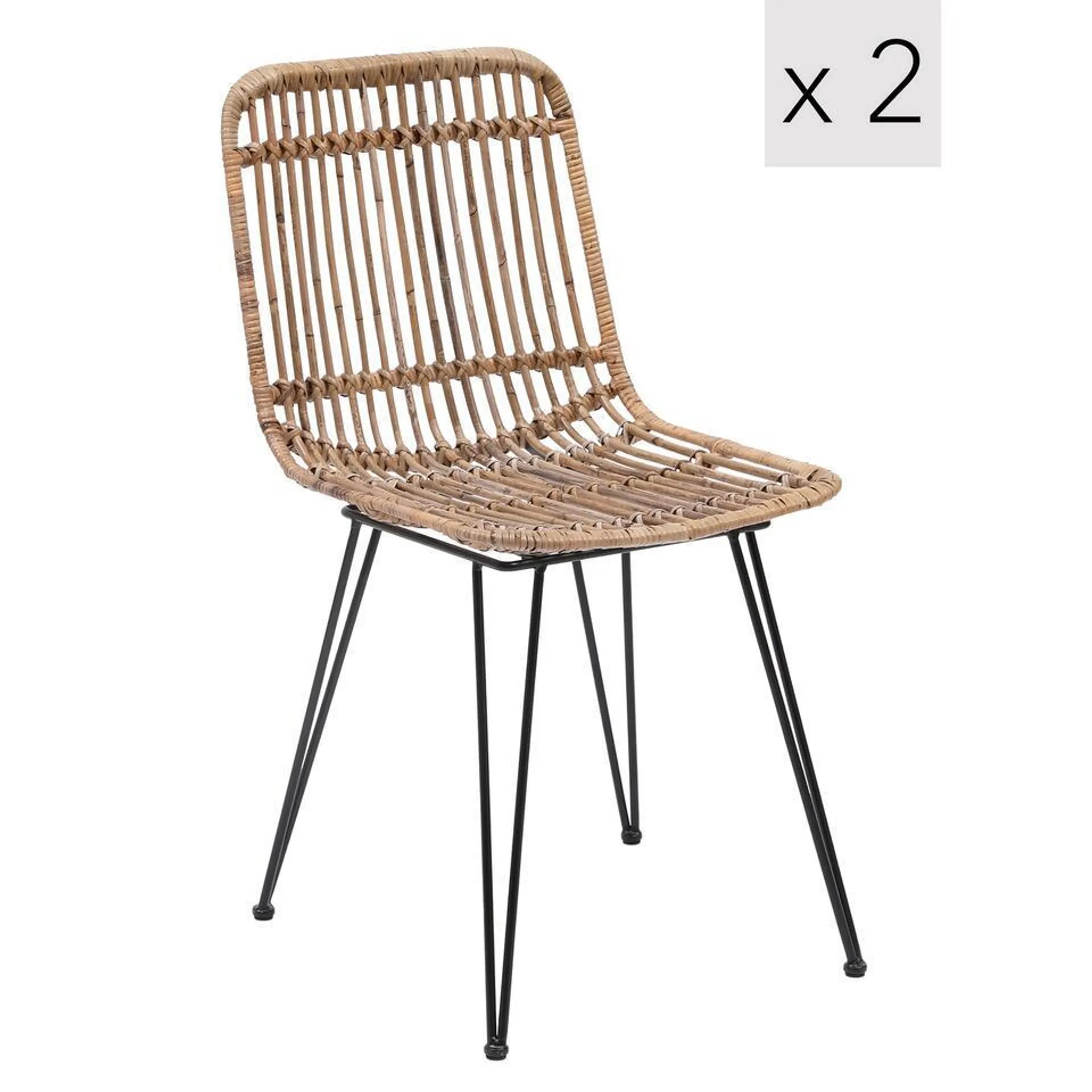 Set van 2 metalen en natuurlijke rotan tuinstoelen