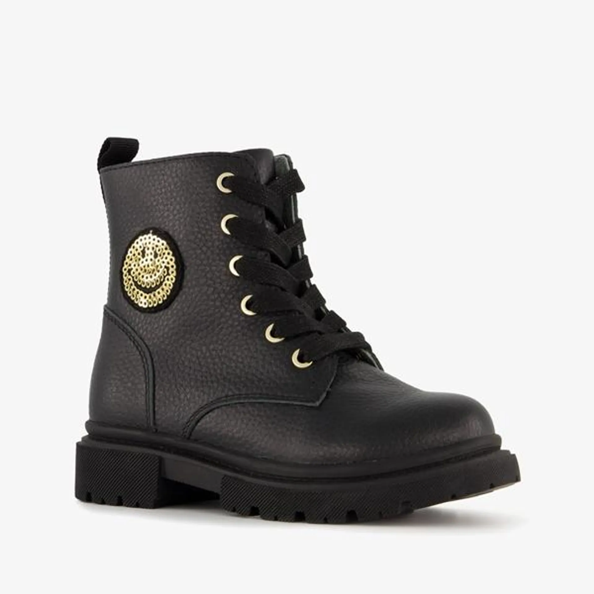 TwoDay leren meisjes veterboots zwart met smiley