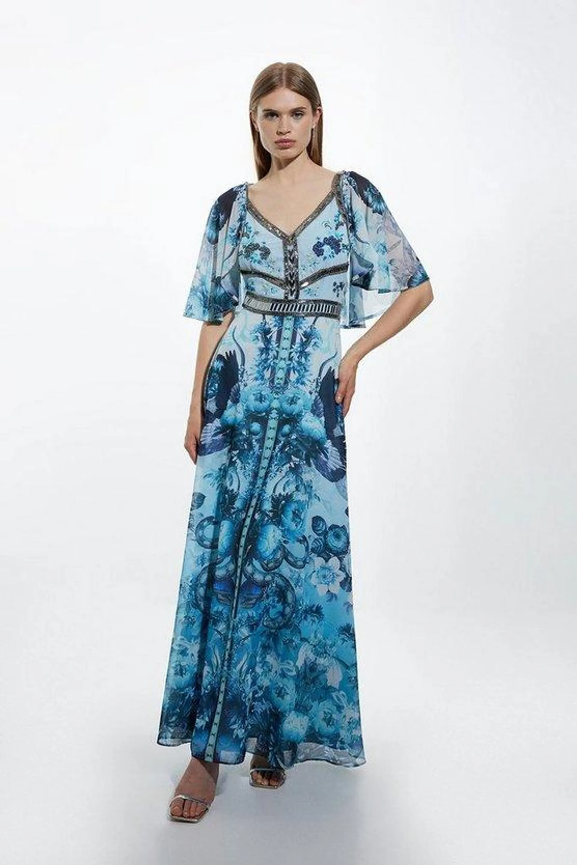 Mirrored Floral Bead And Embroidered Woven Maxi with Detachable Cape