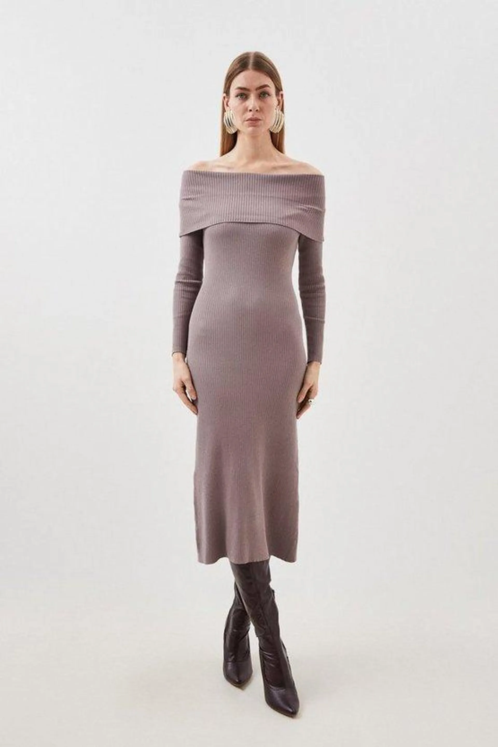 Viscose Blend Bardot Knit Midi Dress