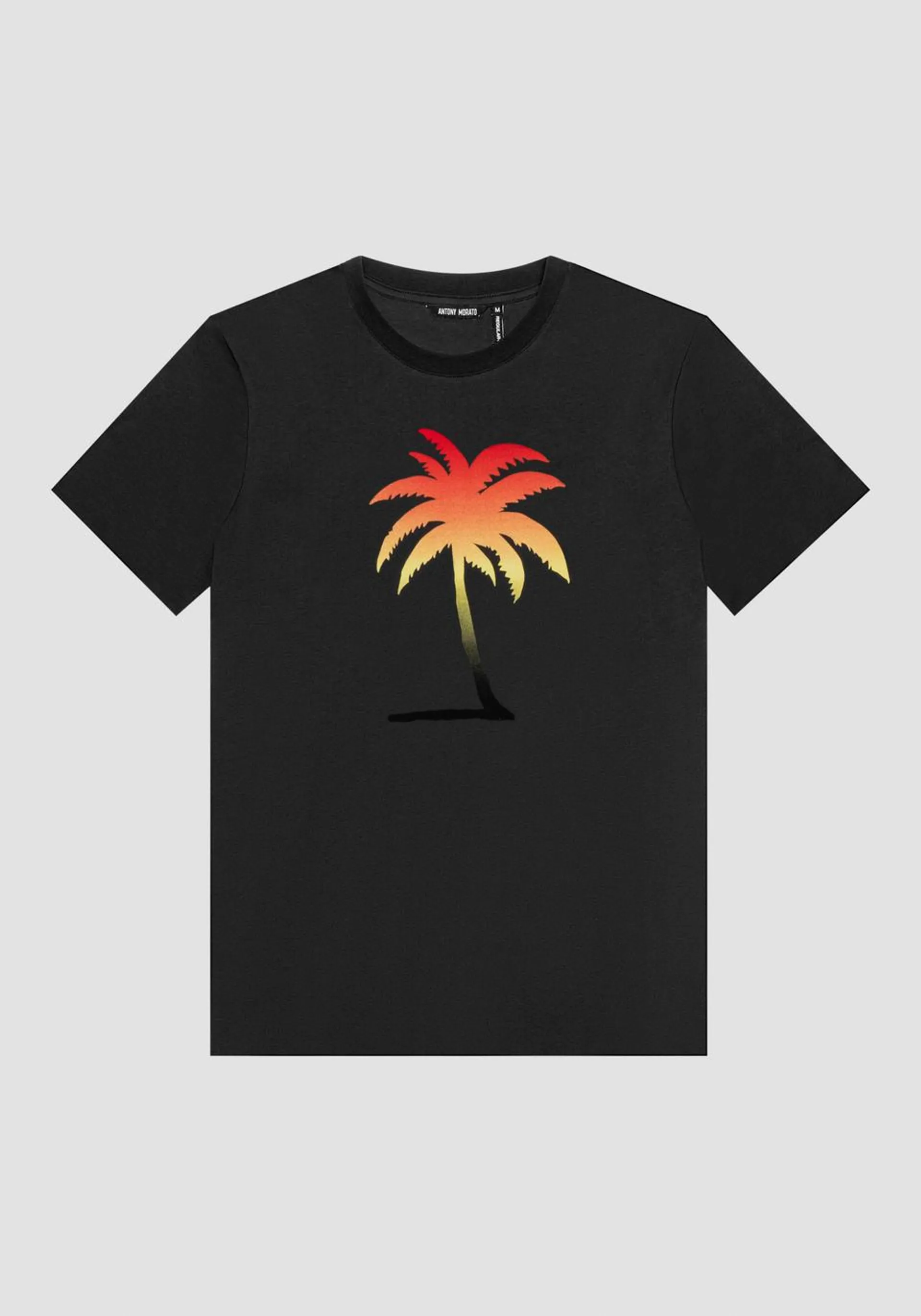 REGULAR FIT COTTON T-SHIRT WITH PALM PRINT