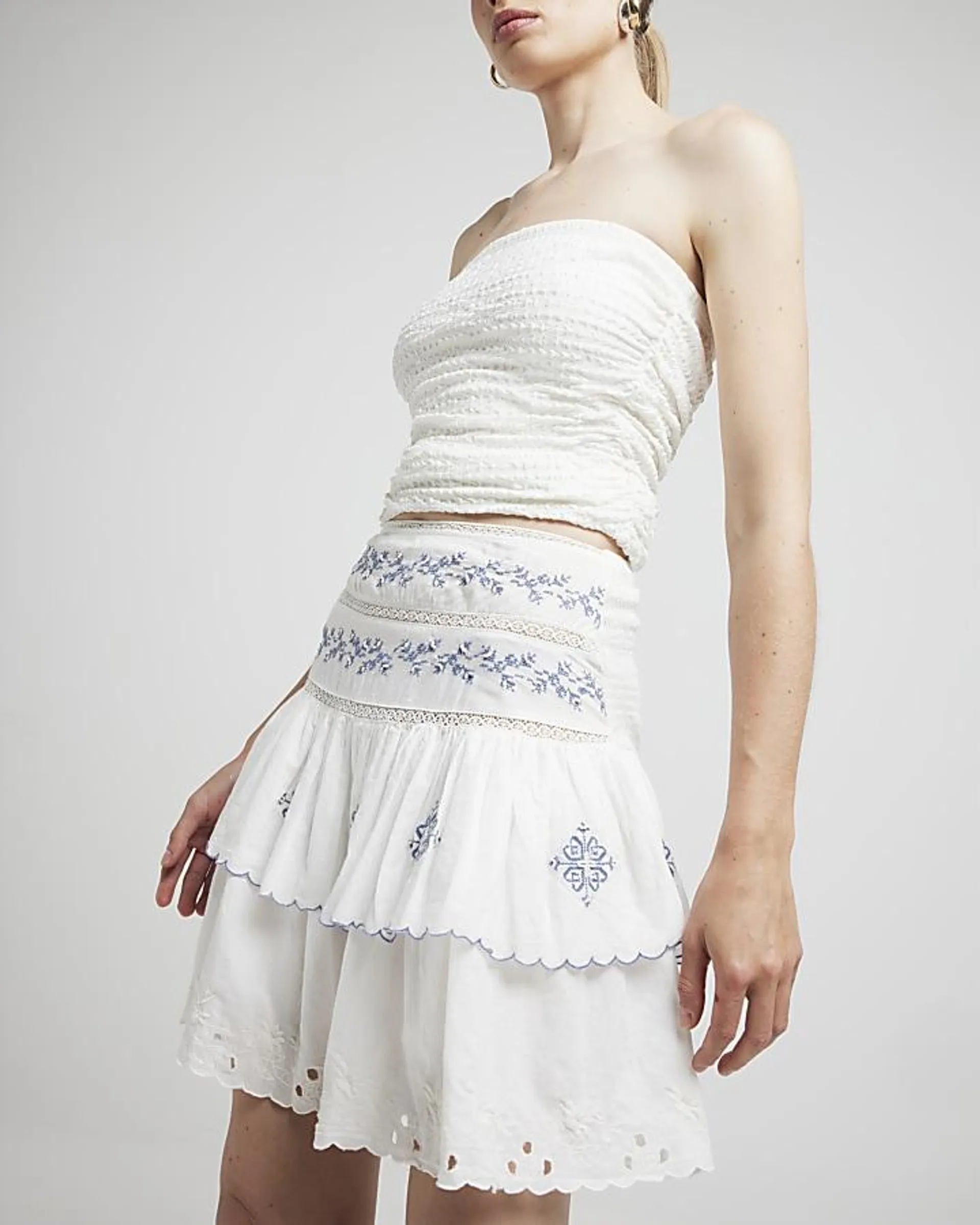 White Crochet Tiered Mini Skirt