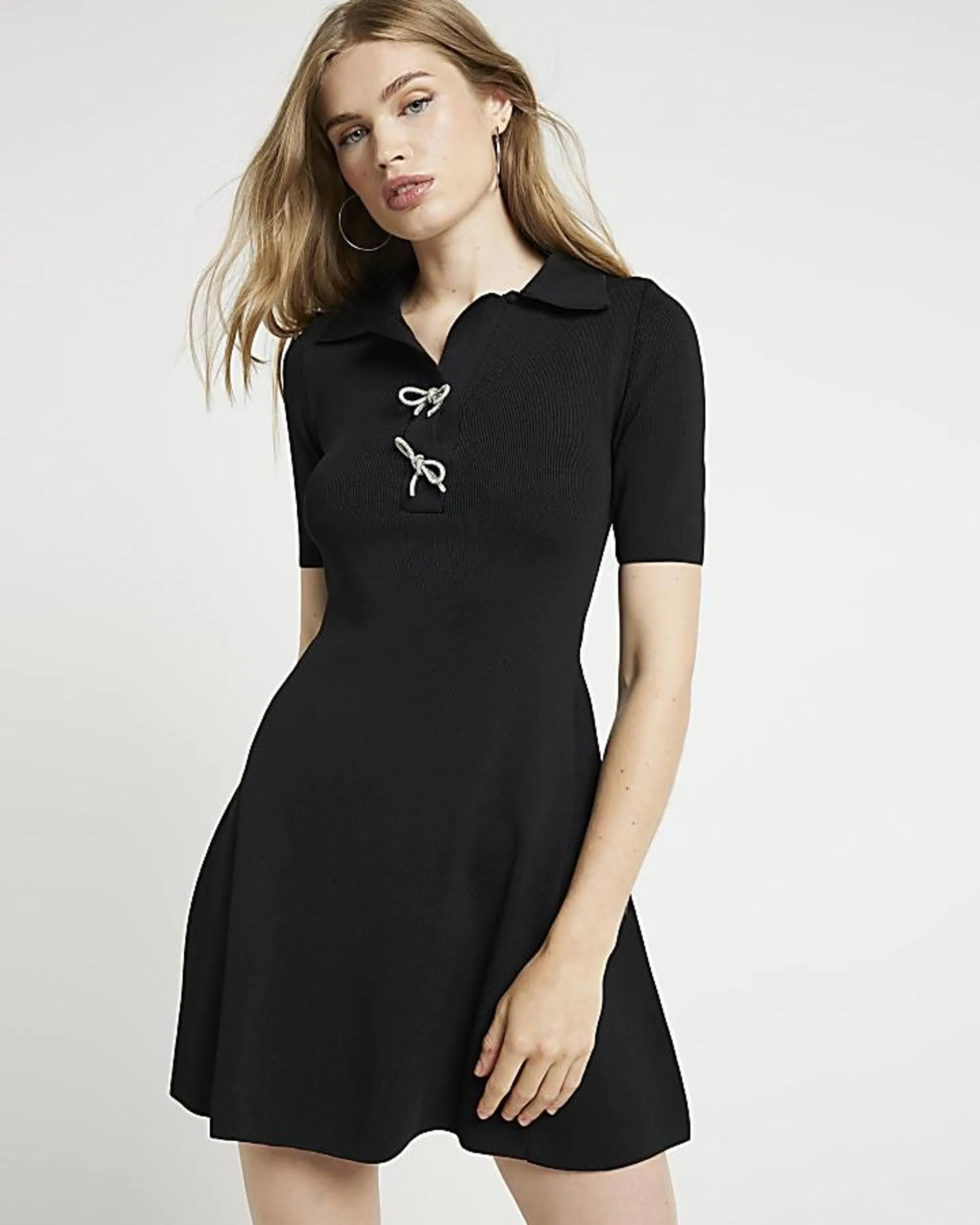 Black knit bow detail swing mini dress