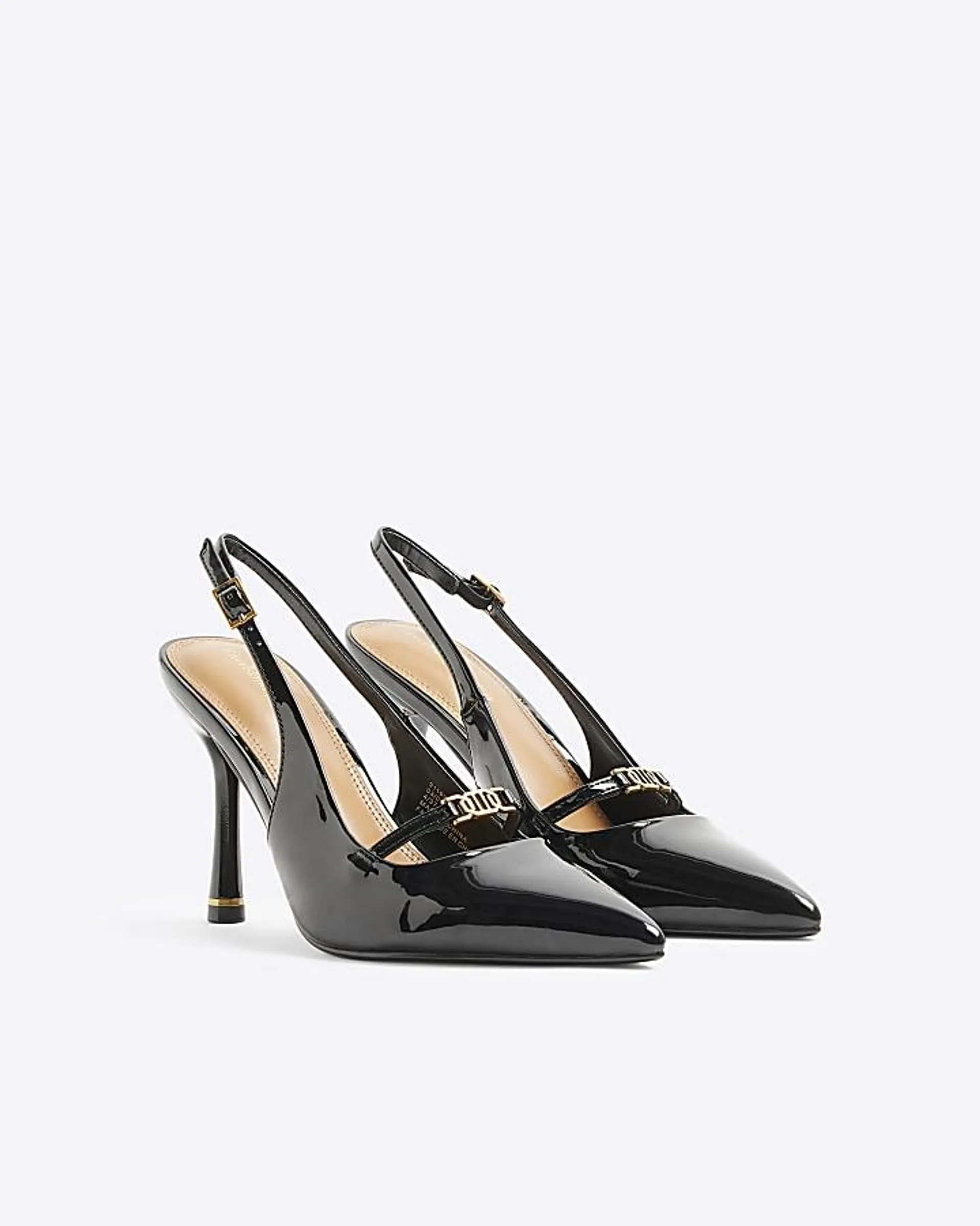 Black patent strap heeled court shoes