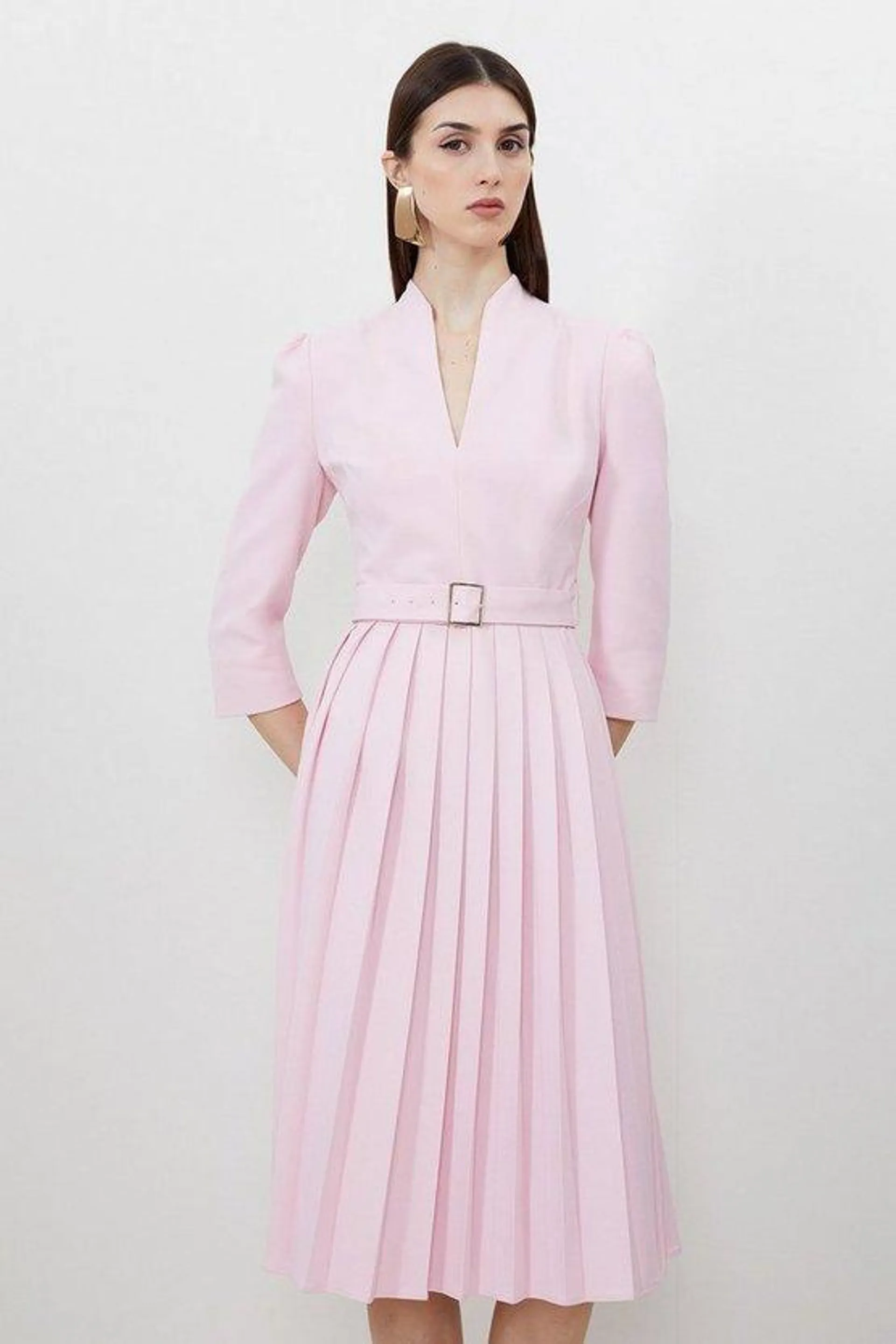 Tailored Structured Crepe High Neck Pleated Midi Dress