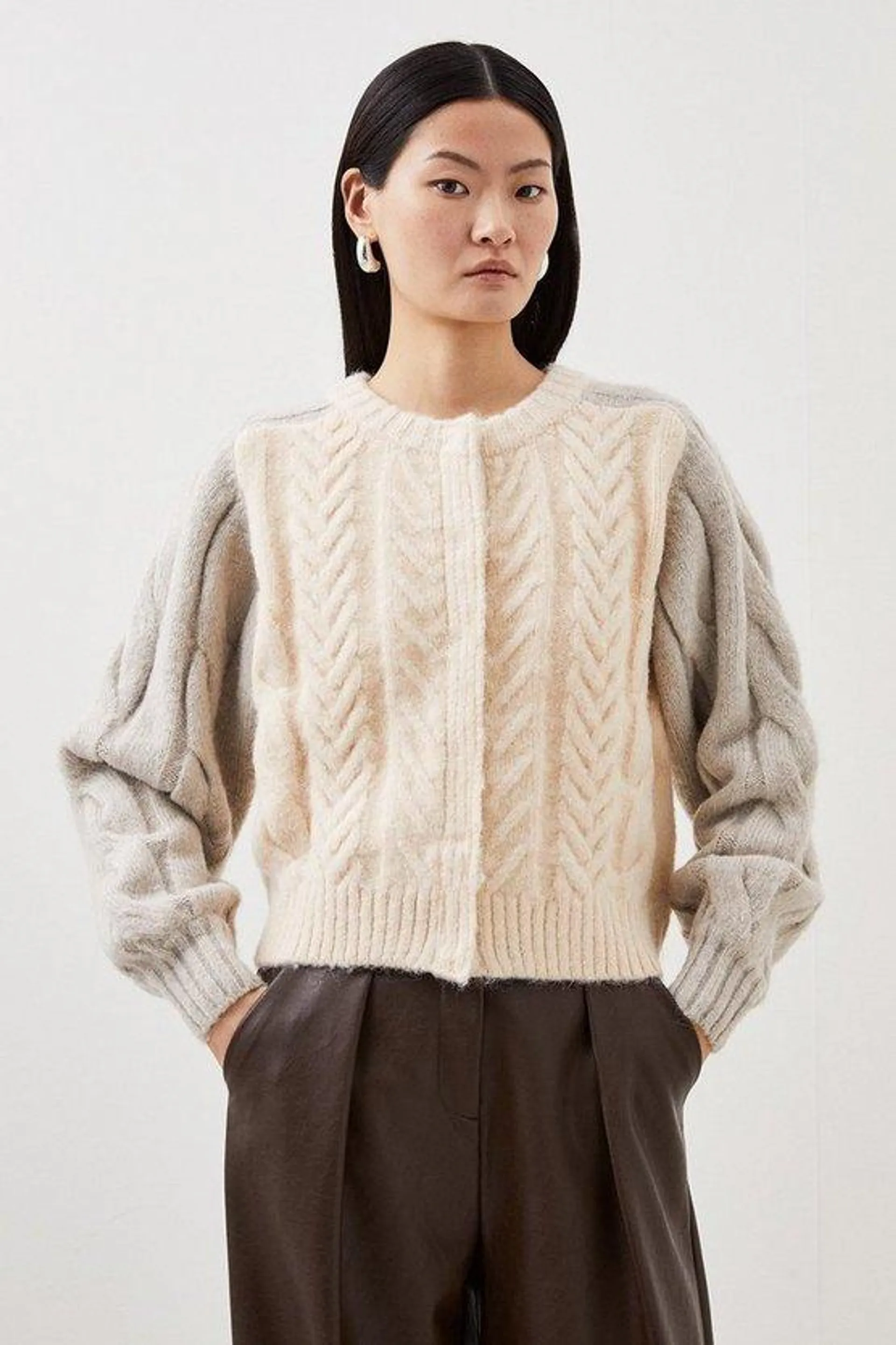 Wool Blend Cable Colour Block Cardigan