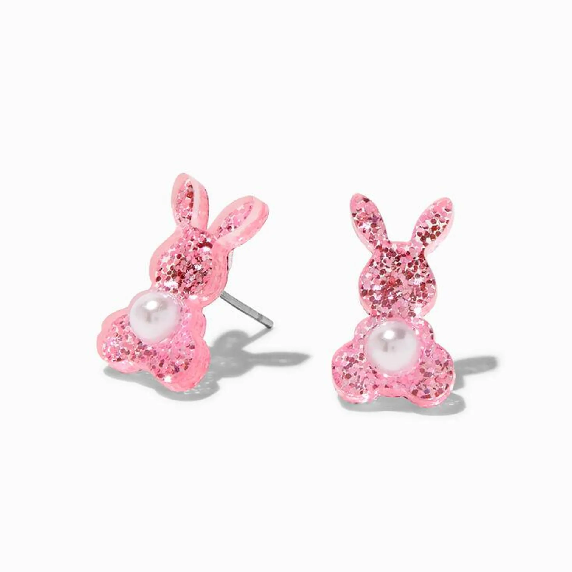 Easter Bunny Pink Glitter & Pearl Stud Earrings