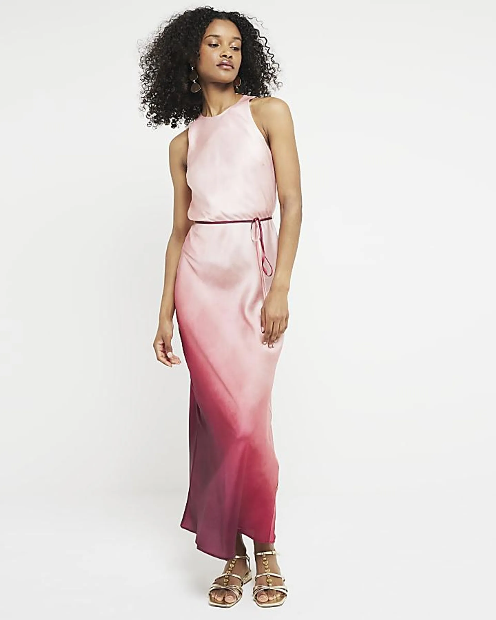 Pink belted ombre slip maxi dress