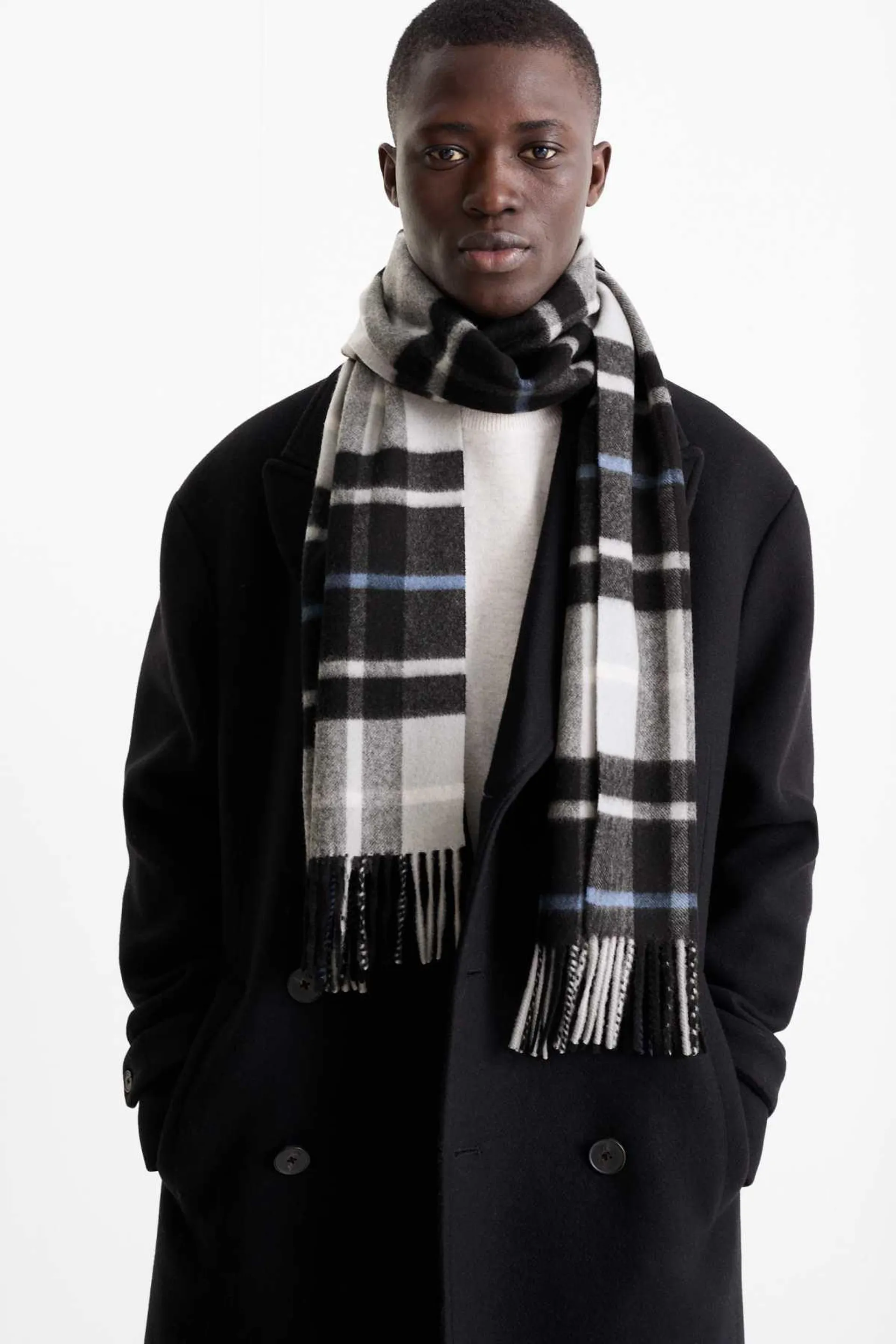 Fringed scarf with cashmere - wool blend - check