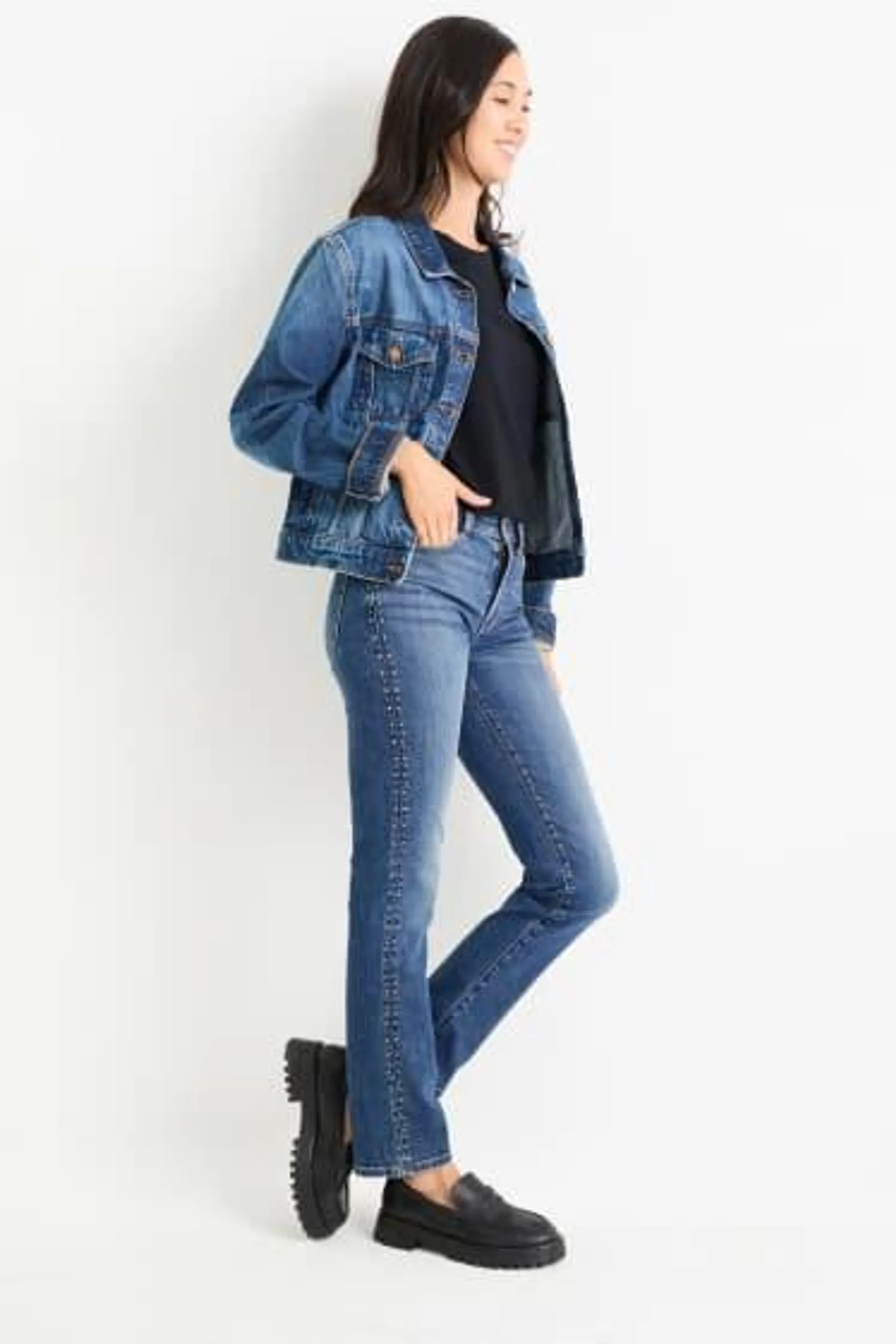 Straight jeans with rhinestones - mid-rise waist