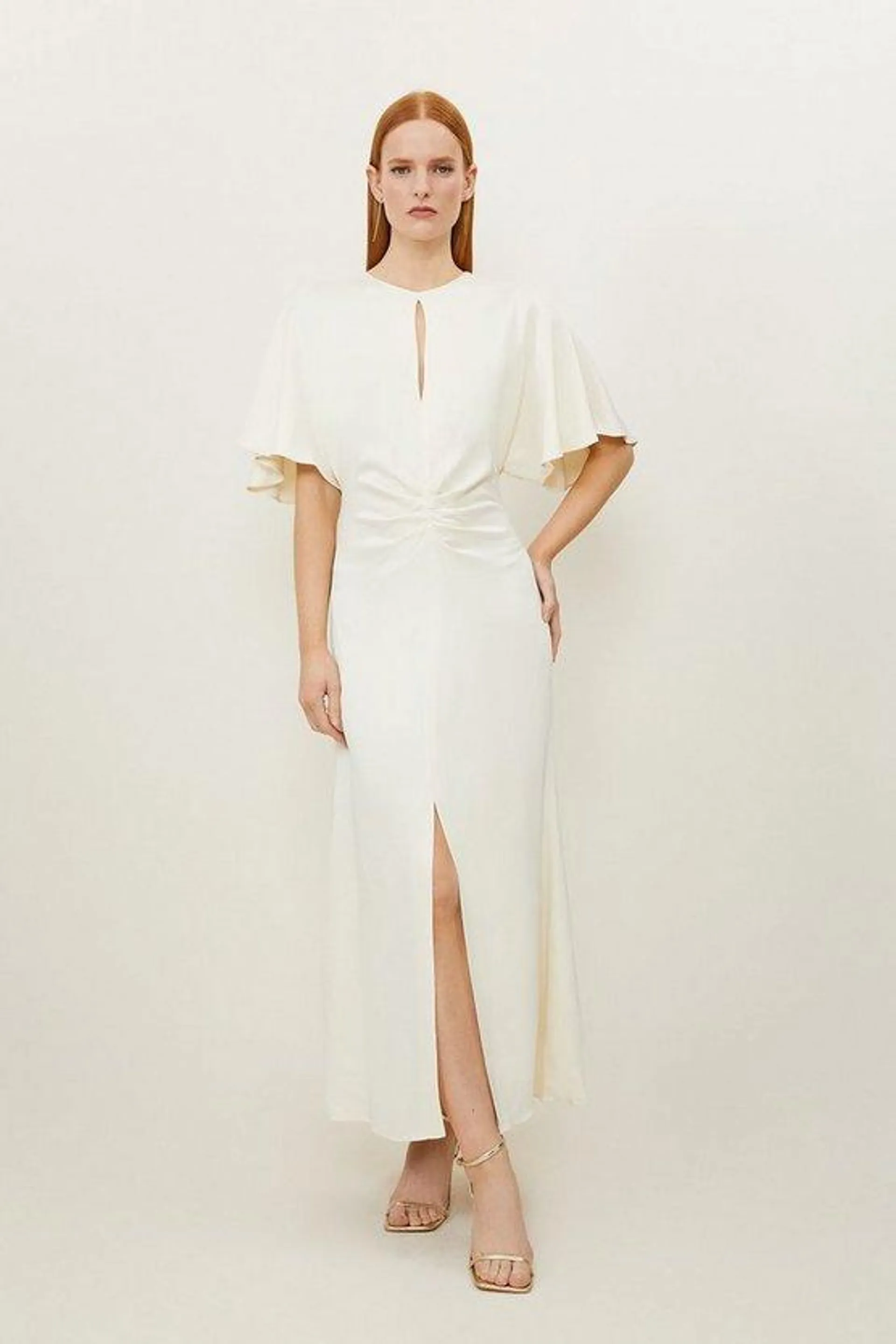 Satin Crepe Woven Angel Sleeve Midi Dress