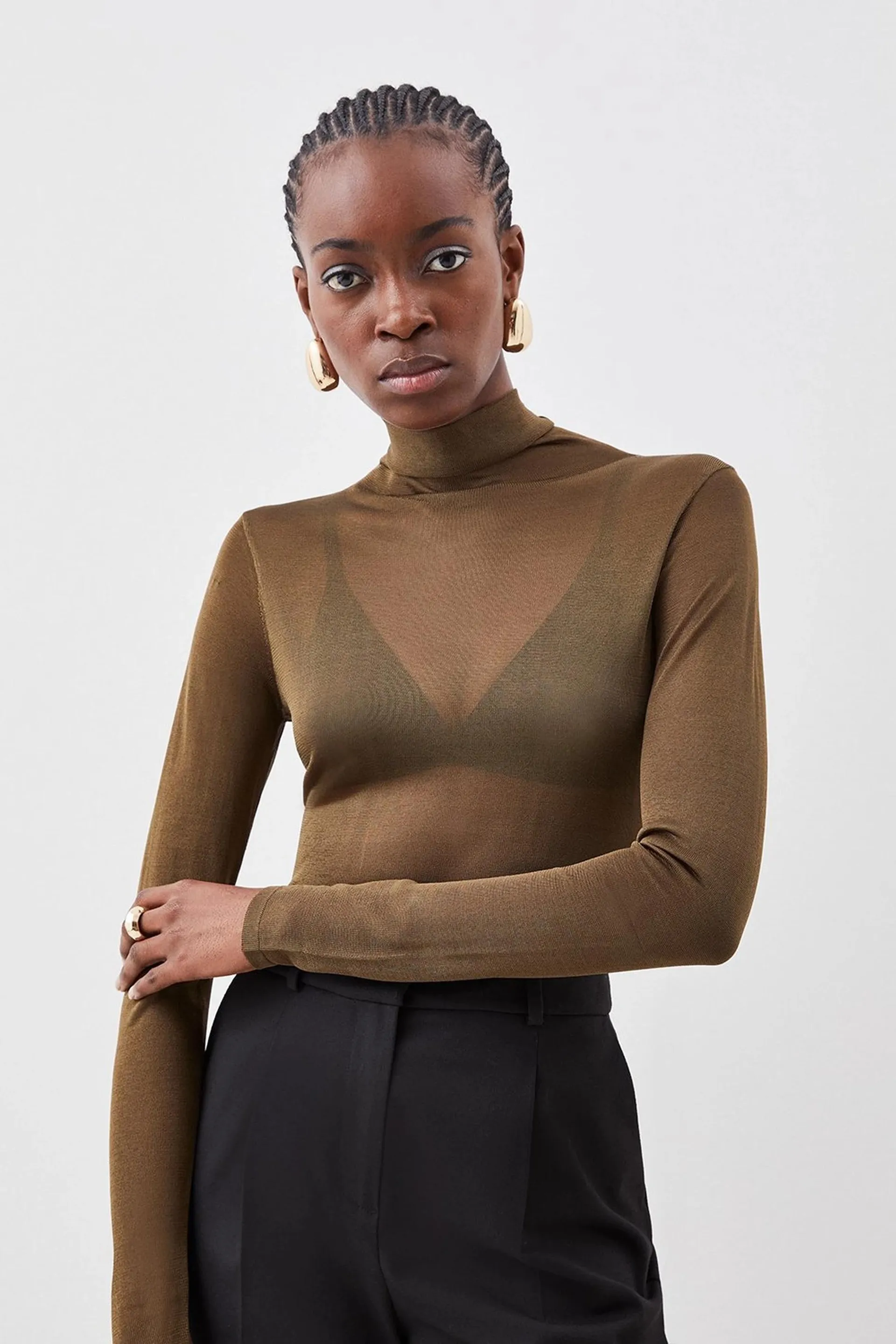 Sheer Knit Slinky Funnel Neck Top