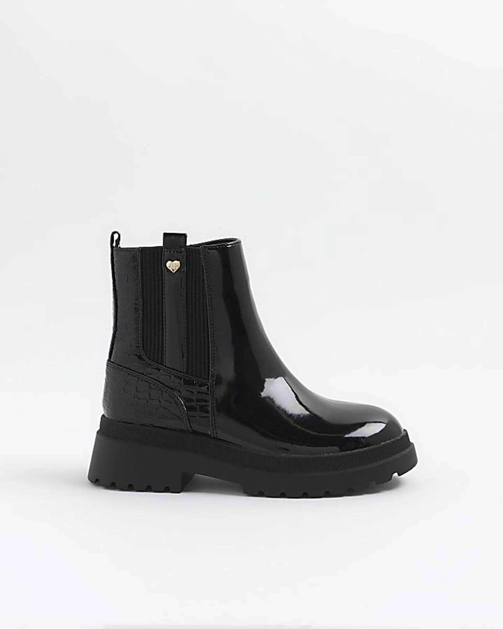 Girls black patent stud chelsea boots