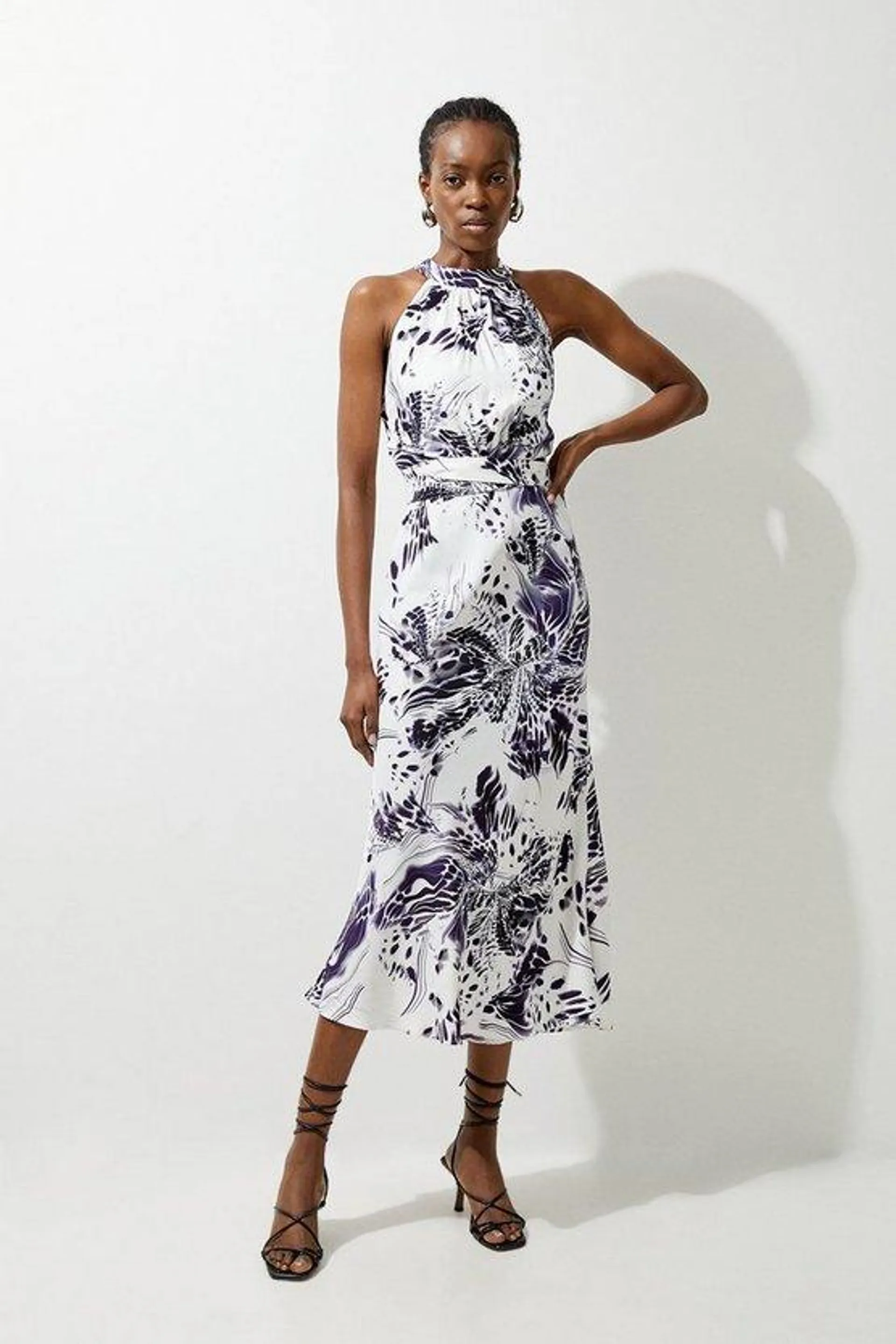 Petite Abstract Floral Satin Woven Halter Midi Dress