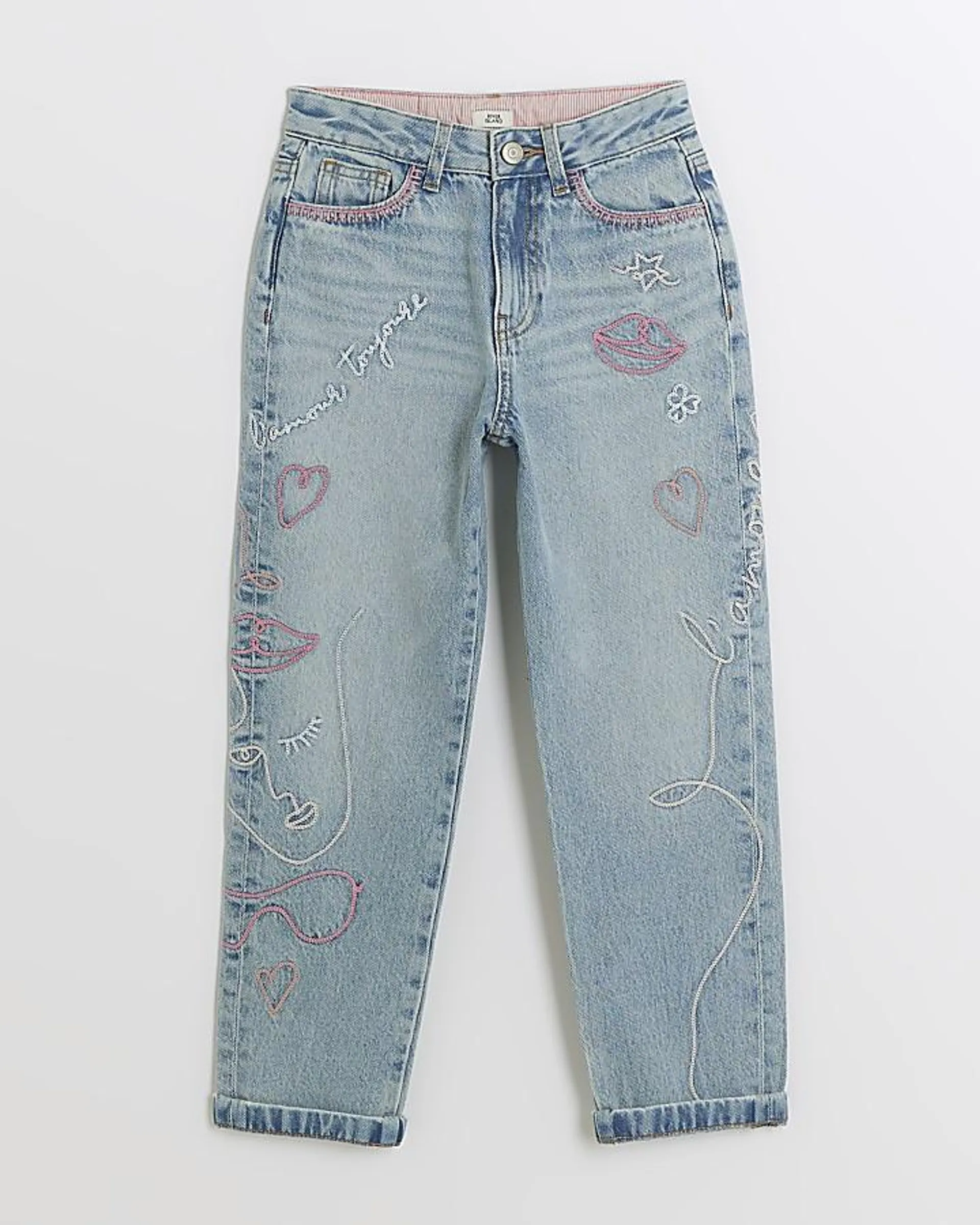 Girls blue embroidered mom jeans