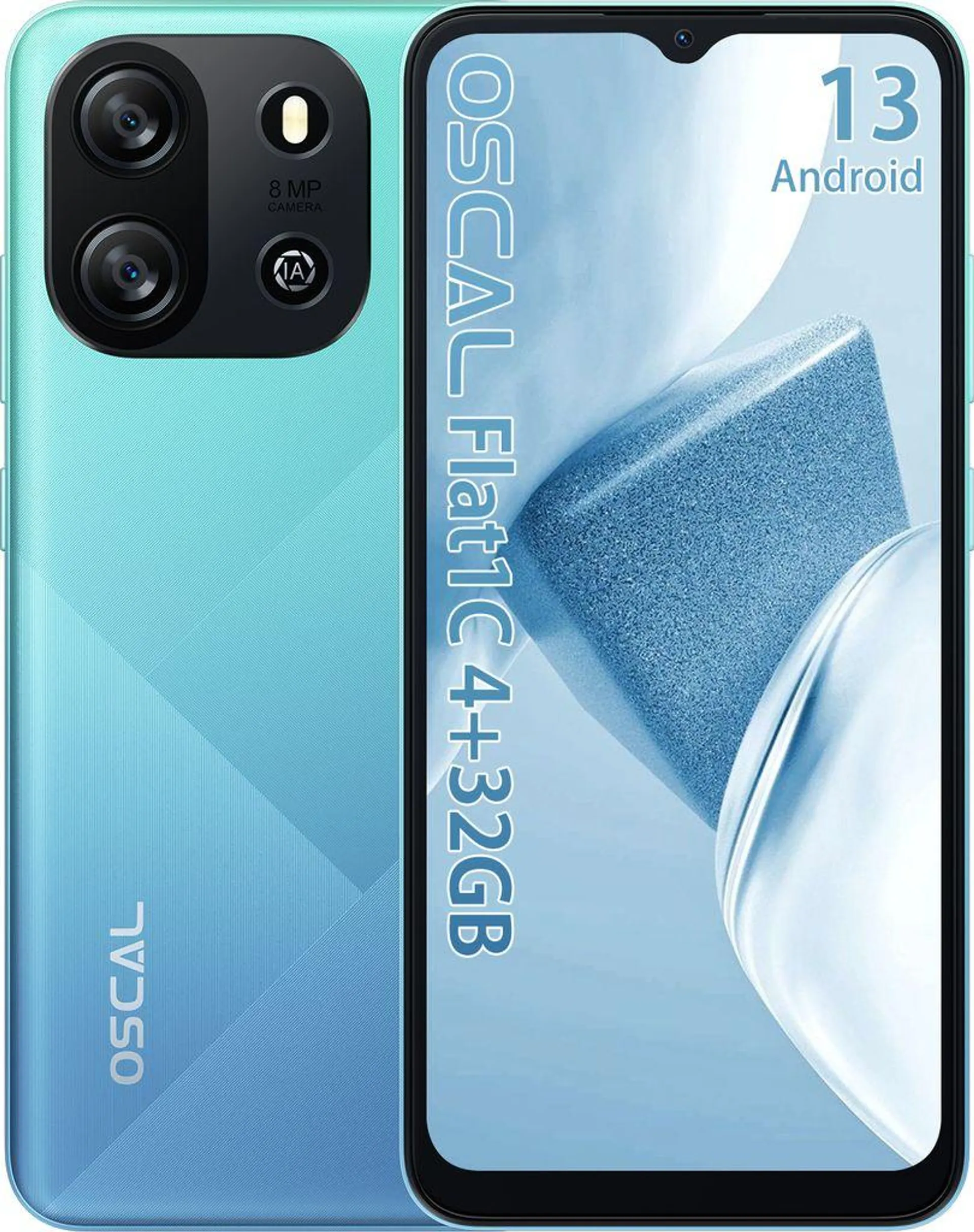 OSCAL FLAT 1C Smartphone ohne Vertrag, 6.5 Zoll Android Handy, 4GB RAM+32GB ROM(erweiterbar), HD+ Display, Octa-Core, 8MP Kamera, 4G Dual SIM, Blau